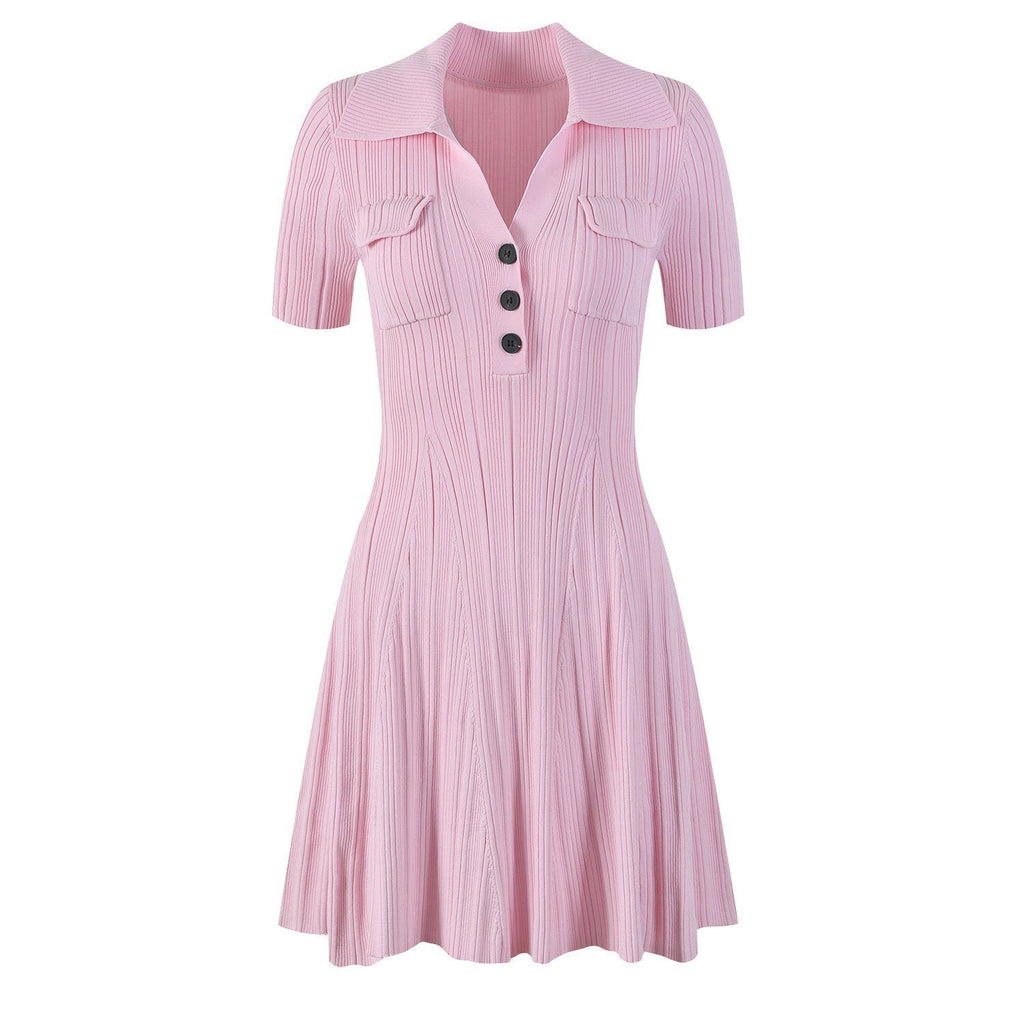 Giada Dress - A - Line Silhouette - Polo Style With Button Detail - Fitted Bodice and Flared Skirt - Front Pockets - Retro - Inspired Fashion