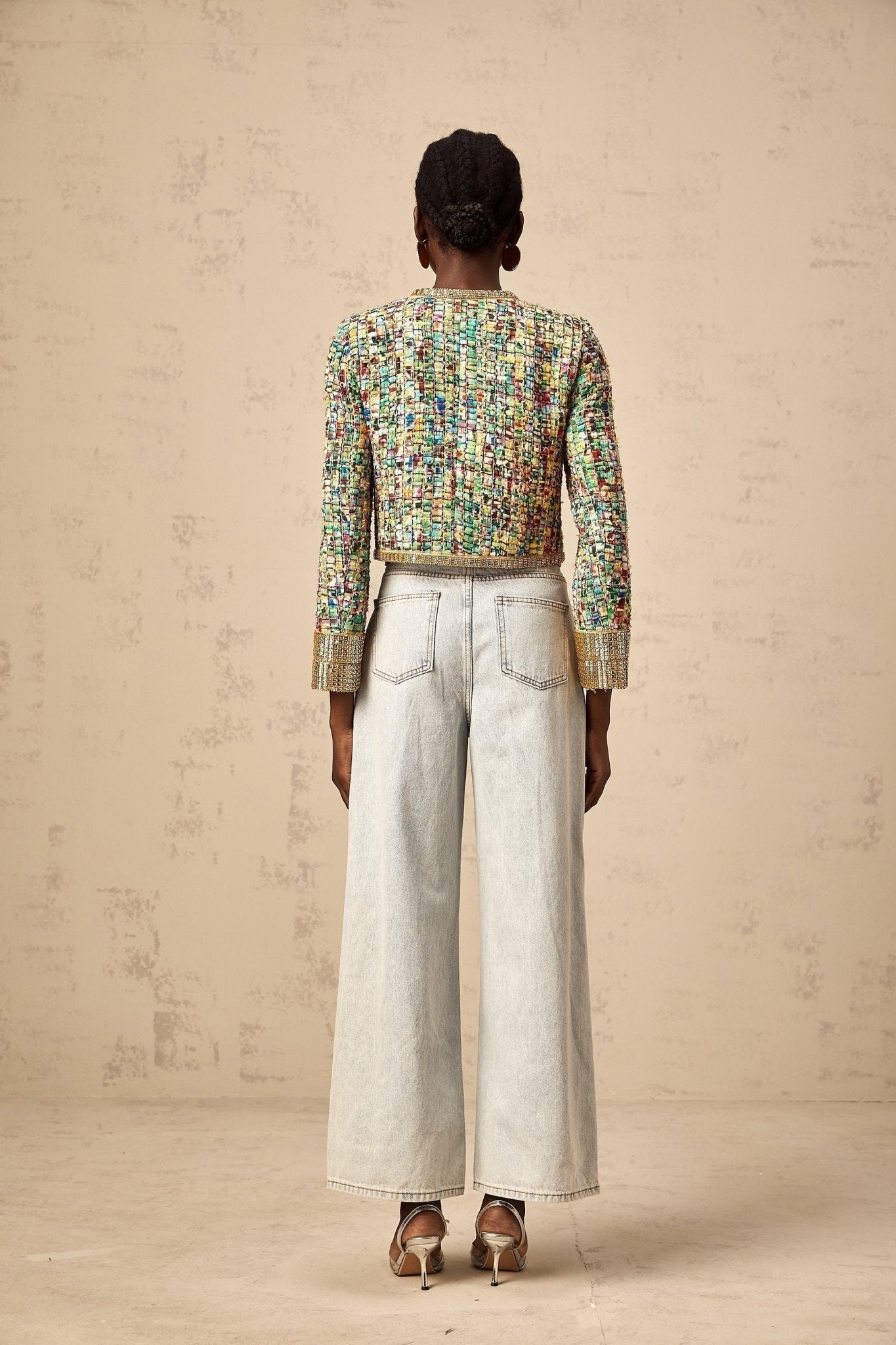 Giada Jacket - Collarless Tweed Check Sequin Crystal Embellished Buttons