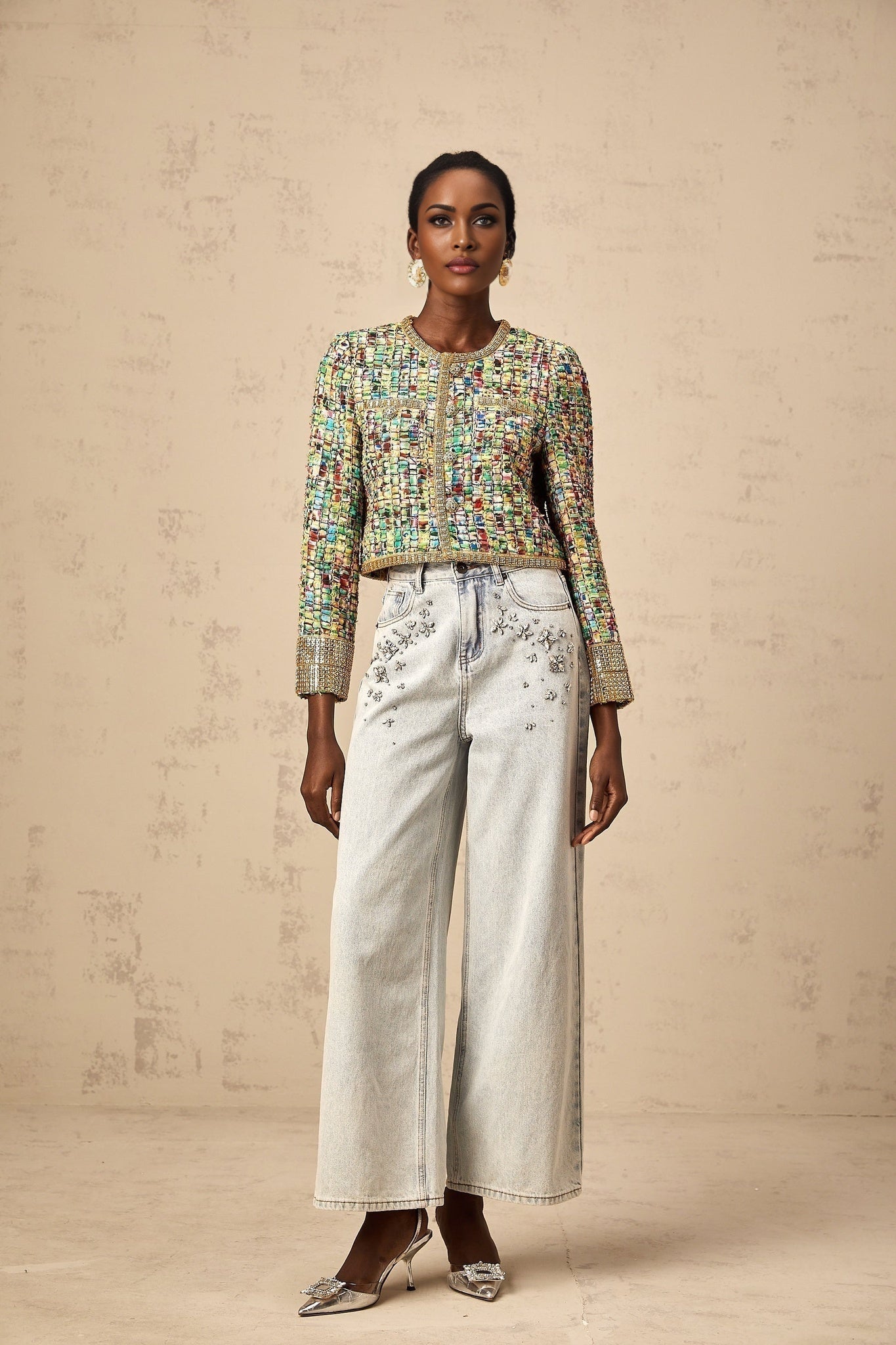 Giada Jacket - Collarless Tweed Check Sequin Crystal Embellished Buttons