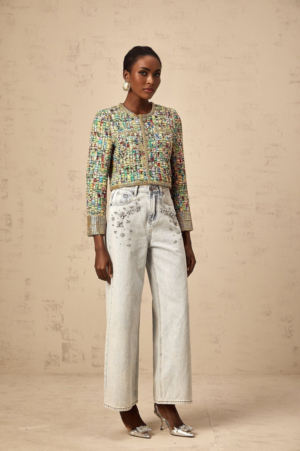 Giada Jacket - Collarless Tweed Check Sequin Crystal Embellished Buttons