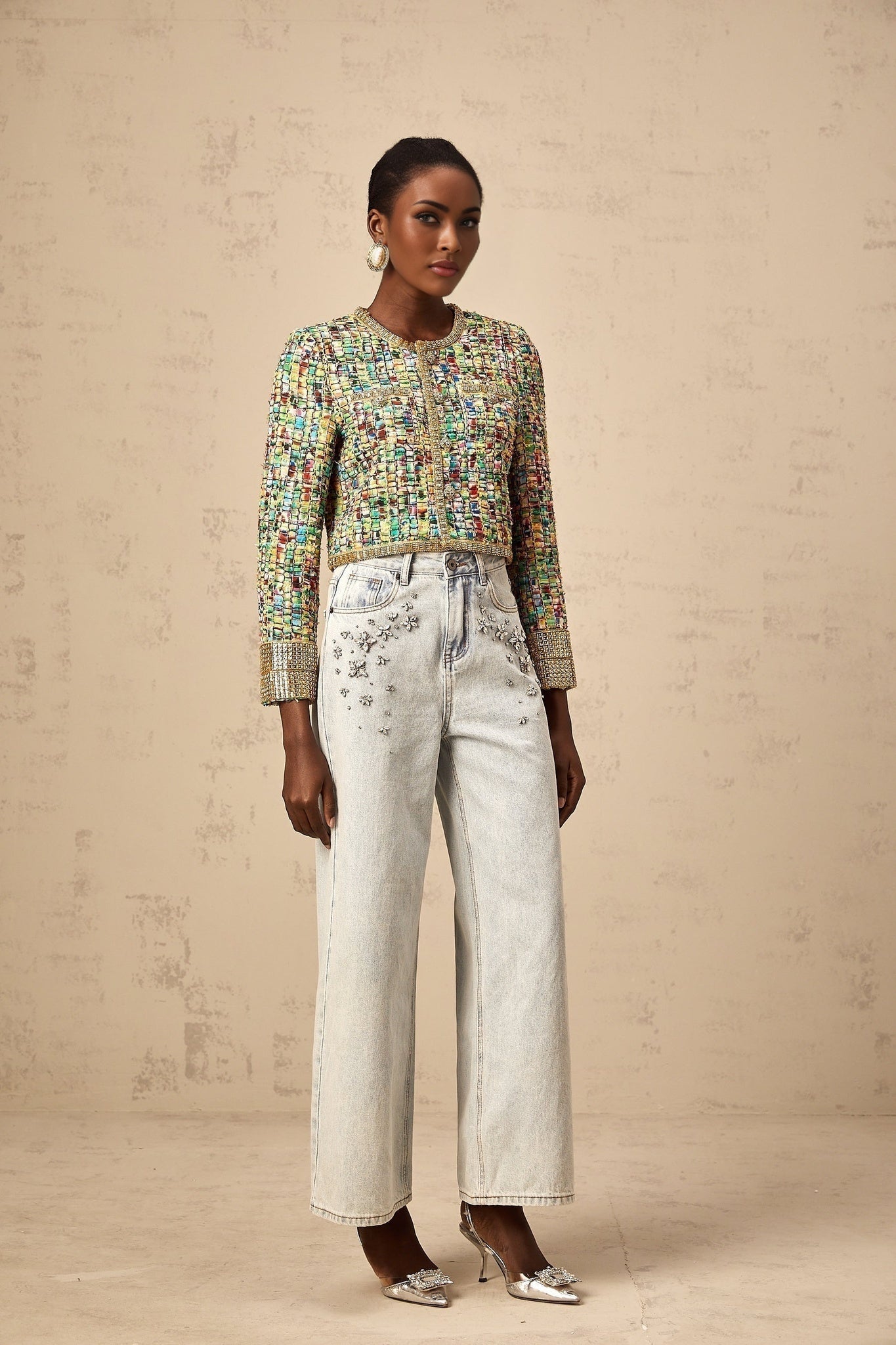 Giada Jacket - Collarless Tweed Check Sequin Crystal Embellished Buttons