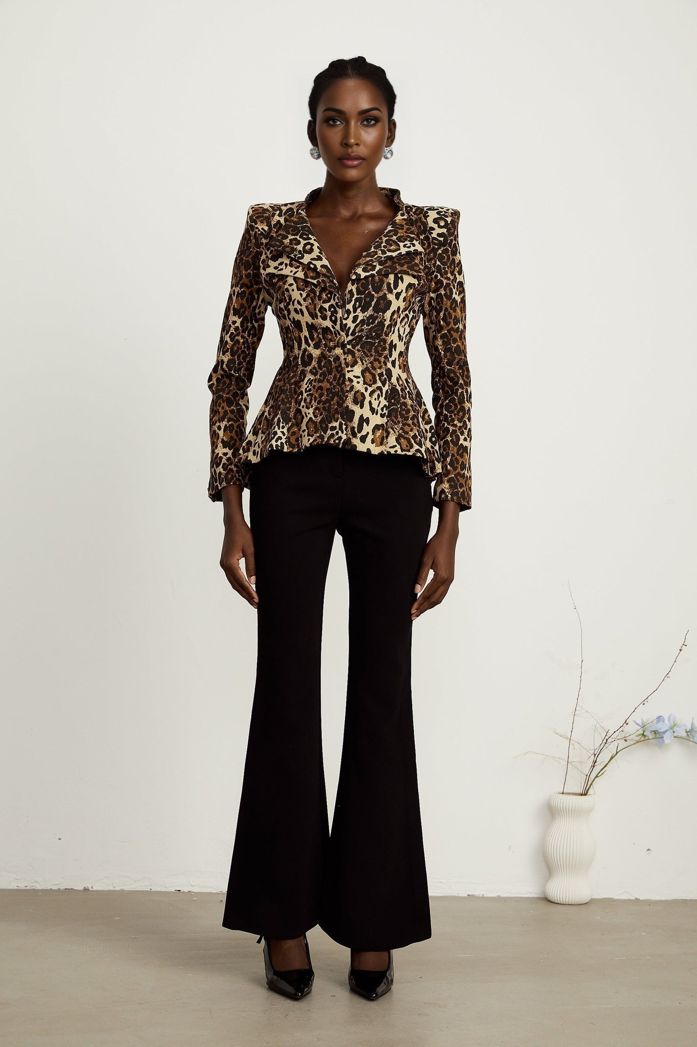 Giada Jacket - Long Sleeves - Shoulder Pads - Double Collar - Leopard