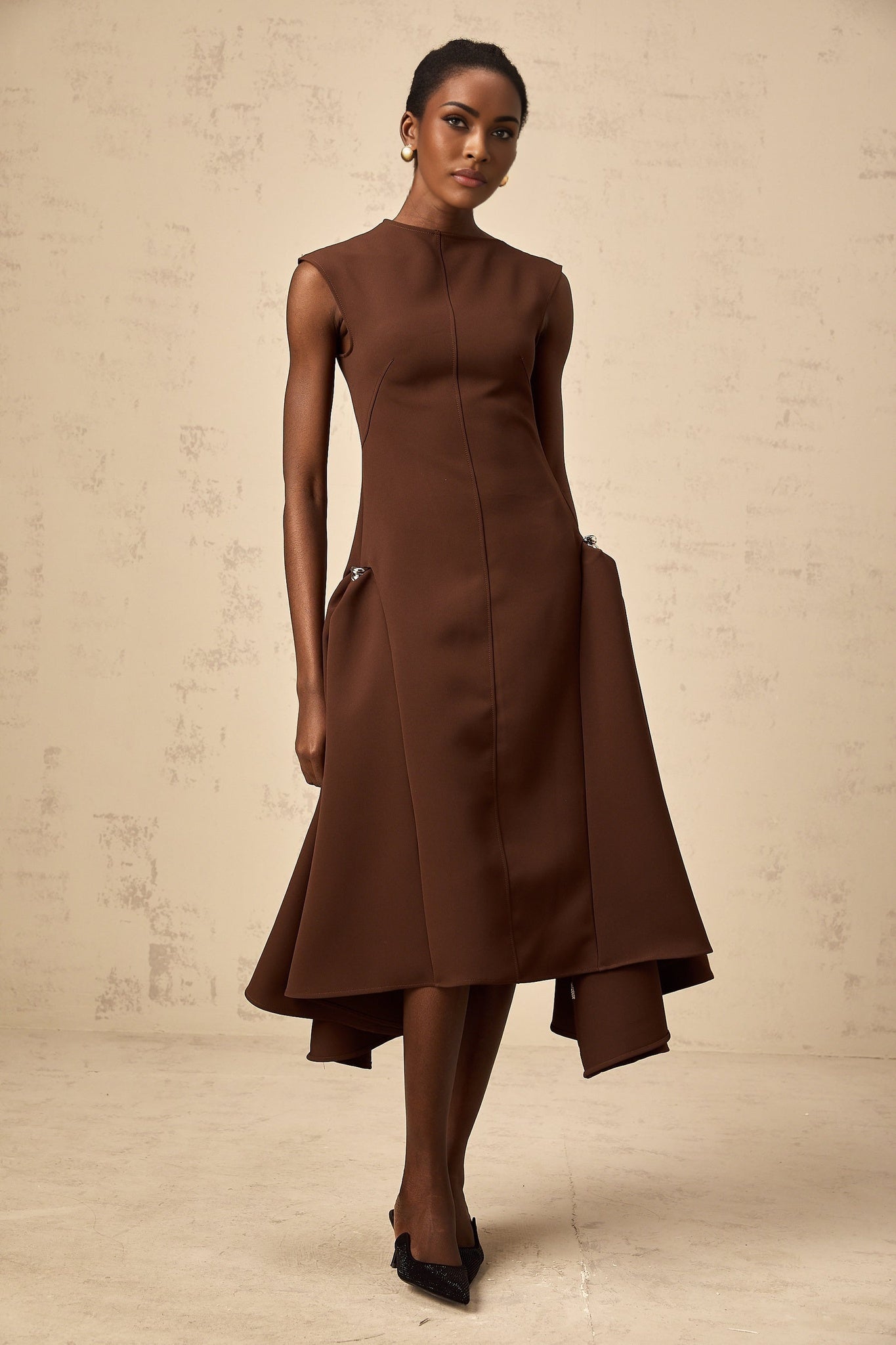 Giada Midi Dress - Twill weave - Crew neck - Cape sleeves - Asymmetric design
