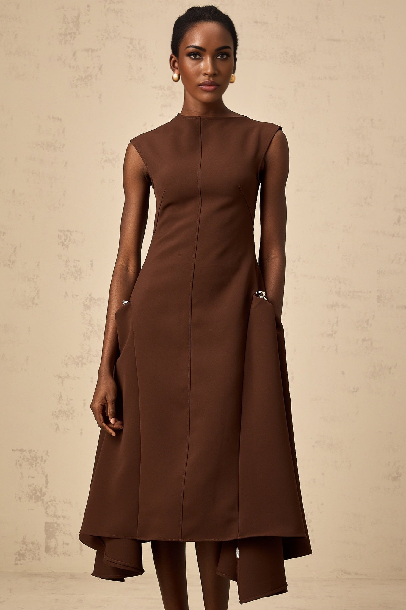 Giada Midi Dress - Twill weave - Crew neck - Cape sleeves - Asymmetric design