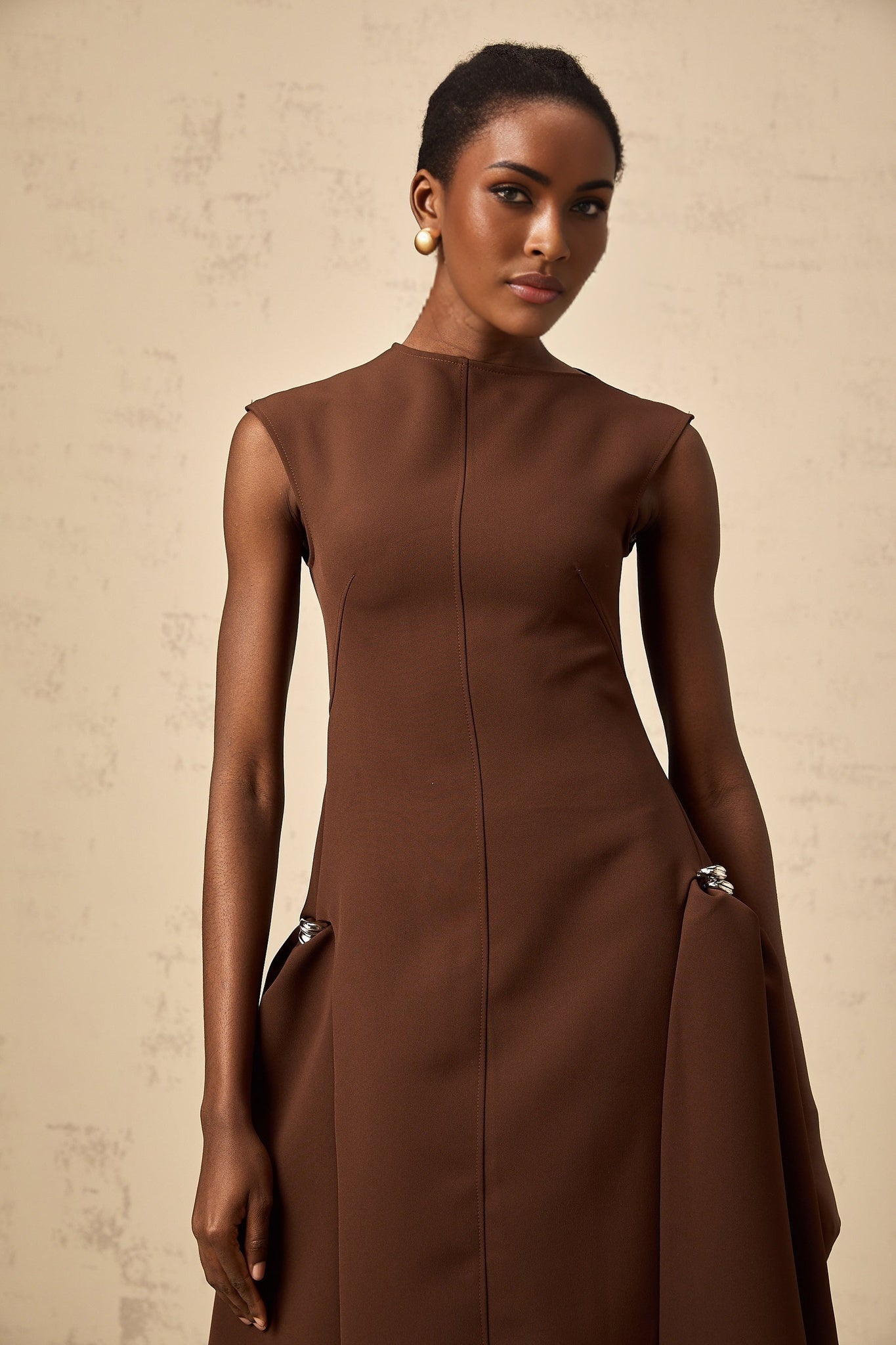 Giada Midi Dress - Twill weave - Crew neck - Cape sleeves - Asymmetric design