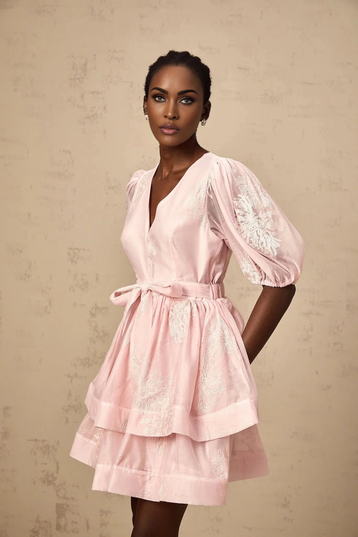 Giada Mini Dress Pink Embroidered Layered & Ruched