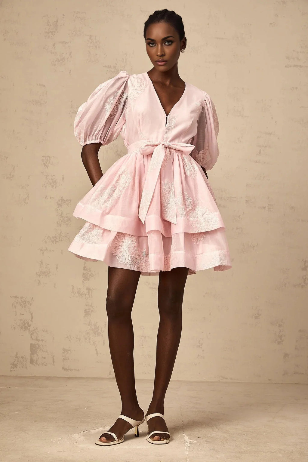 Giada Mini Dress Pink Embroidered Layered & Ruched