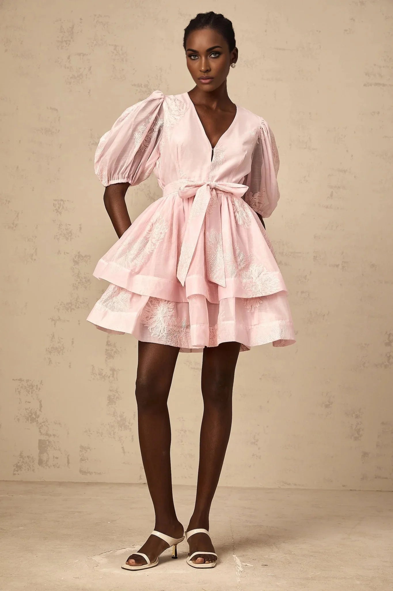 Giada Mini Dress Pink Embroidered Layered & Ruched