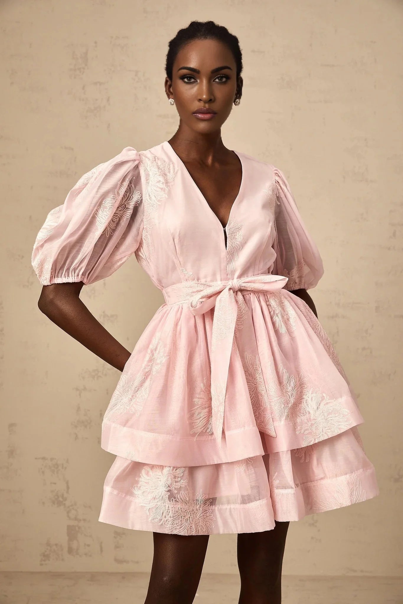 Giada Mini Dress Pink Embroidered Layered & Ruched