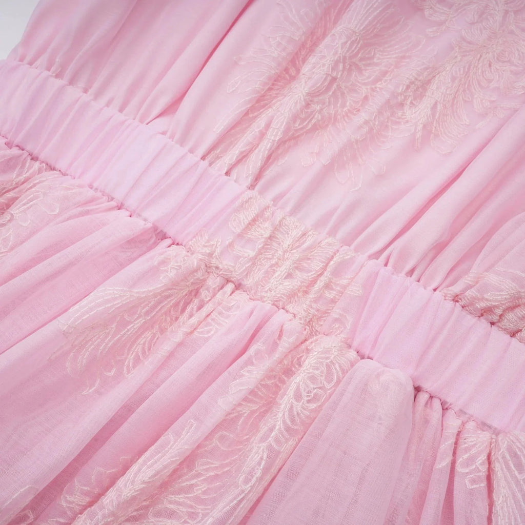 Giada Mini Dress Pink Embroidered Layered & Ruched
