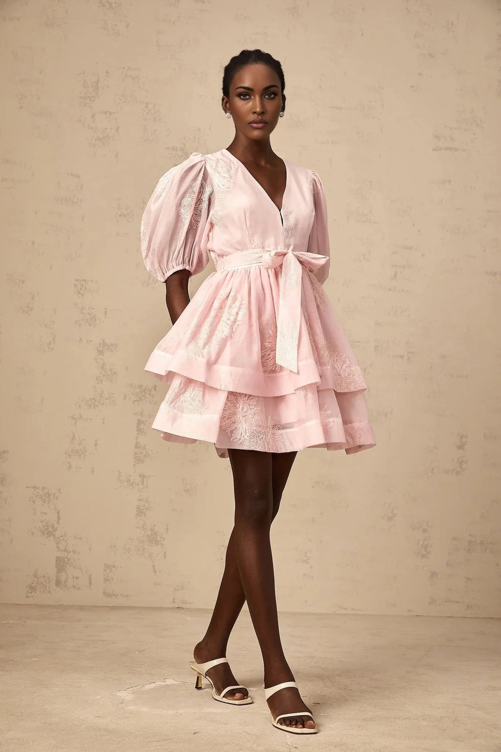 Giada Mini Dress Pink Embroidered Layered & Ruched