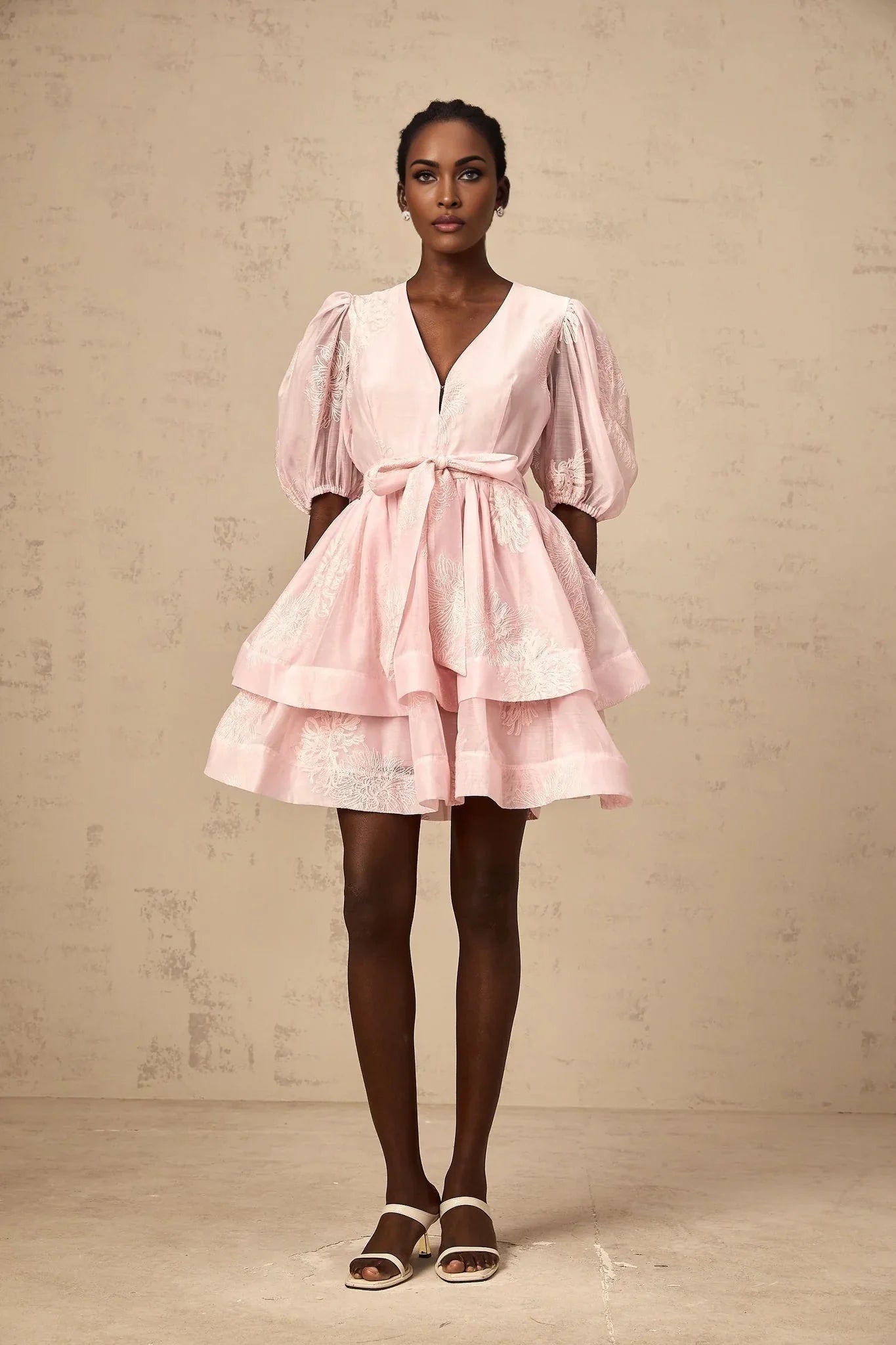 Giada Mini Dress Pink Embroidered Layered & Ruched