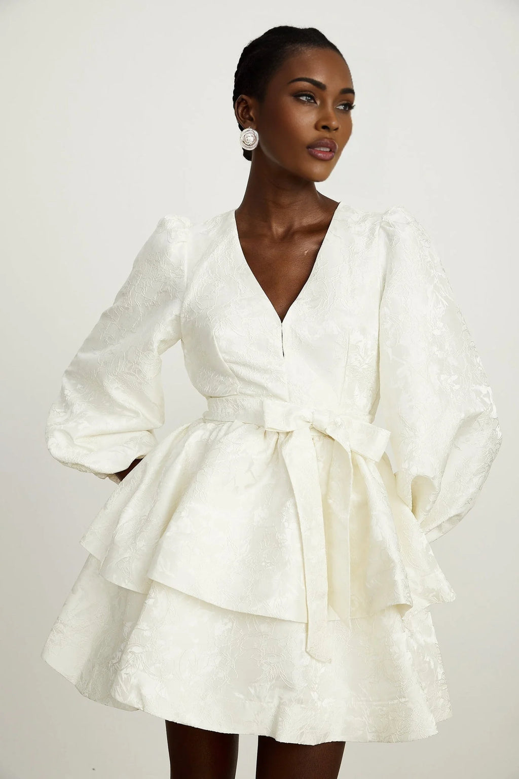 Giada Mini Dress - V Neck - Tiered Design - Elasticated Cuffs - Jacquard Pattern - Flared Skirt