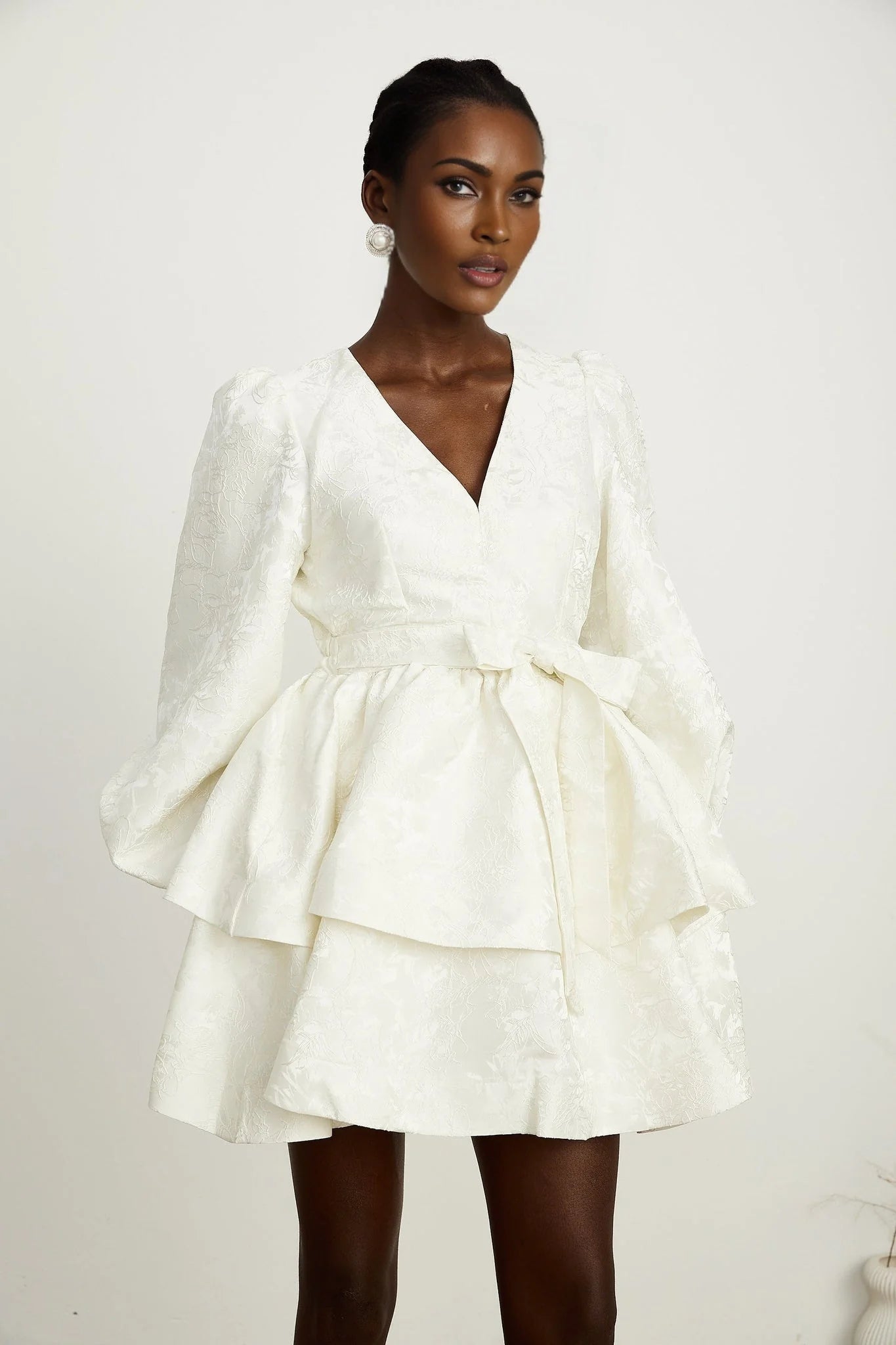 Giada Mini Dress - V Neck - Tiered Design - Elasticated Cuffs - Jacquard Pattern - Flared Skirt