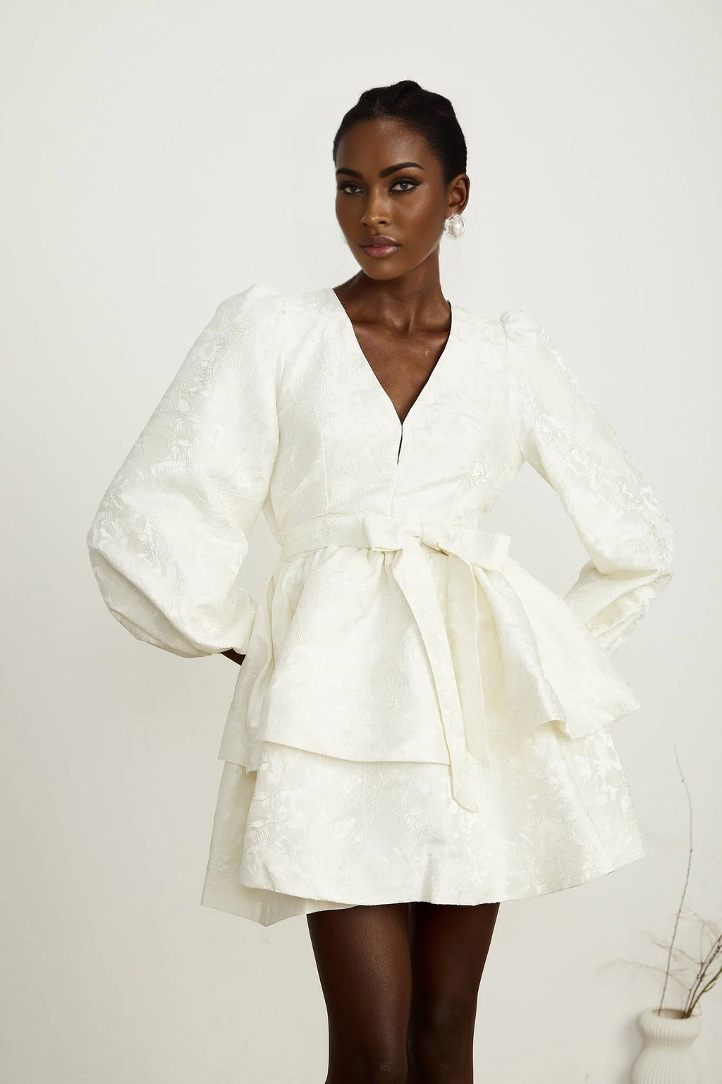 Giada Mini Dress - V Neck - Tiered Design - Elasticated Cuffs - Jacquard Pattern - Flared Skirt