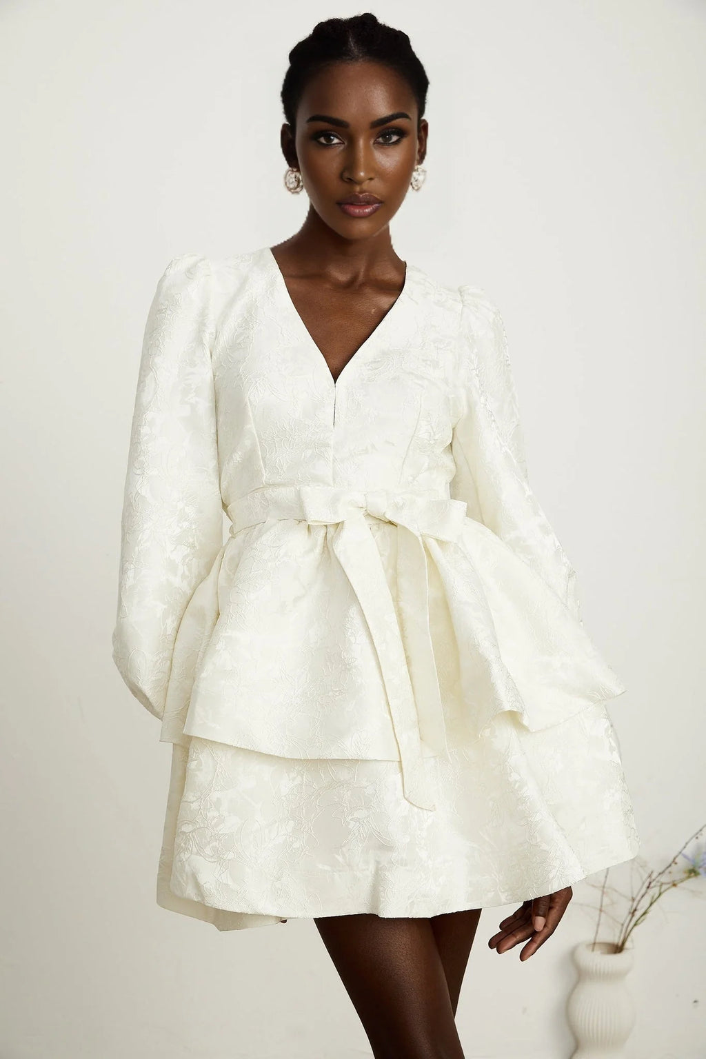 Giada Mini Dress - V Neck - Tiered Design - Elasticated Cuffs - Jacquard Pattern - Flared Skirt