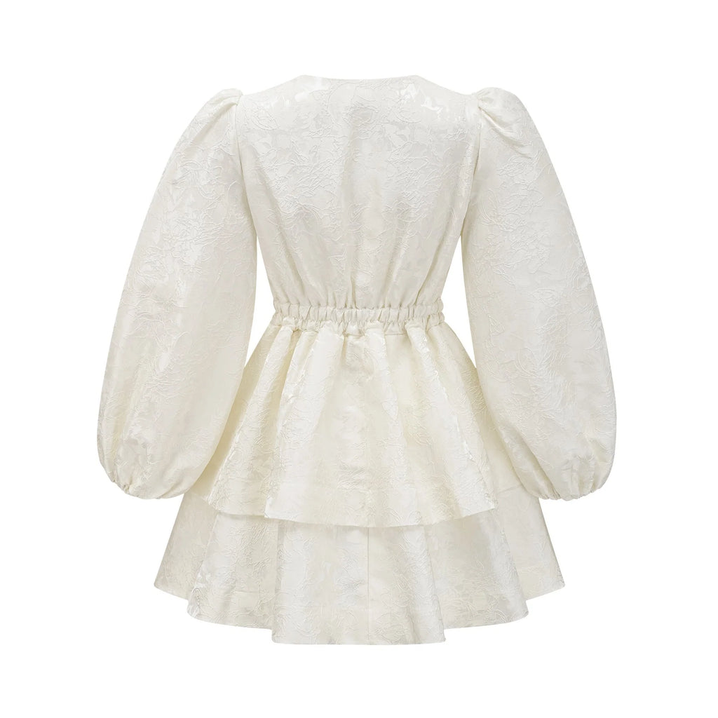 Giada Mini Dress - V Neck - Tiered Design - Elasticated Cuffs - Jacquard Pattern - Flared Skirt