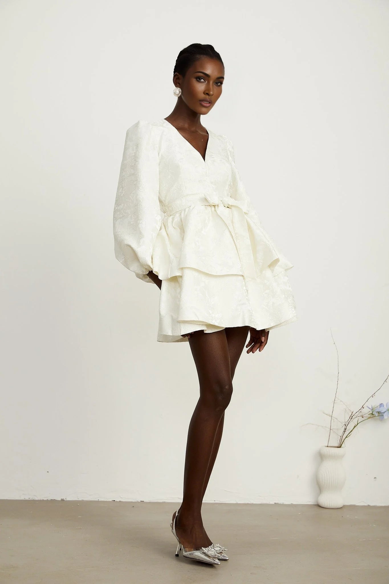 Giada Mini Dress - V Neck - Tiered Design - Elasticated Cuffs - Jacquard Pattern - Flared Skirt