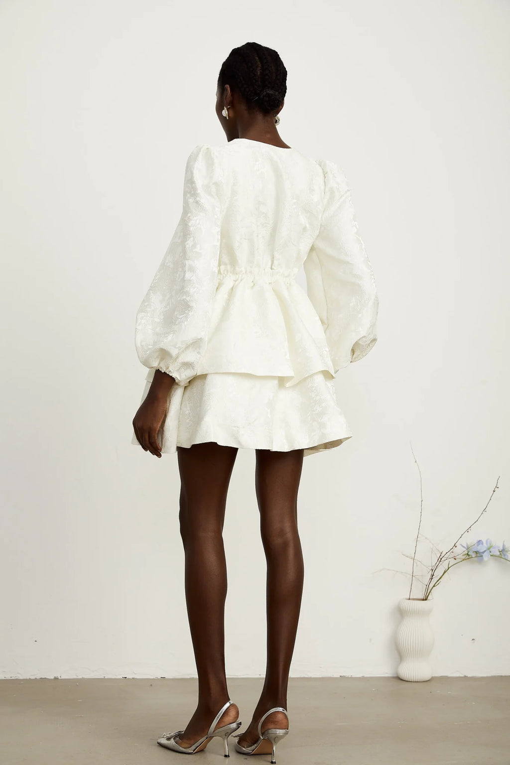 Giada Mini Dress - V Neck - Tiered Design - Elasticated Cuffs - Jacquard Pattern - Flared Skirt