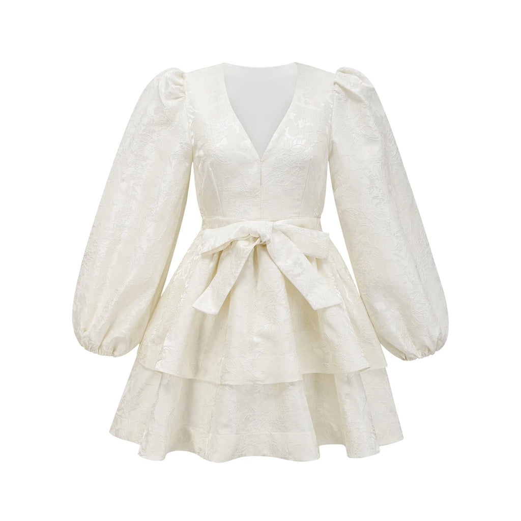 Giada Mini Dress - V Neck - Tiered Design - Elasticated Cuffs - Jacquard Pattern - Flared Skirt