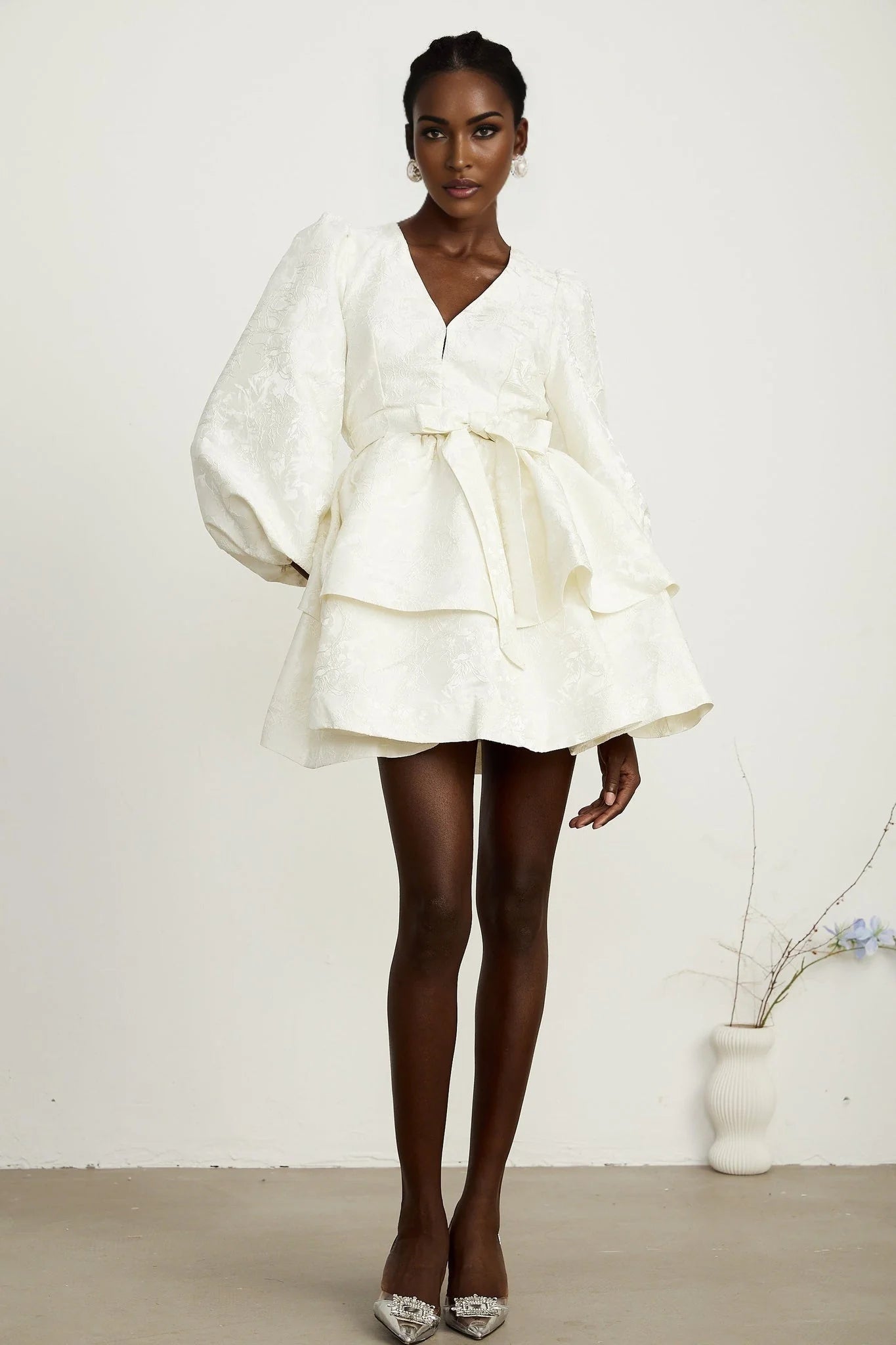 Giada Mini Dress - V Neck - Tiered Design - Elasticated Cuffs - Jacquard Pattern - Flared Skirt