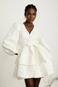 Giada Mini Dress - V Neck - Tiered Design - Elasticated Cuffs - Jacquard Pattern - Flared Skirt