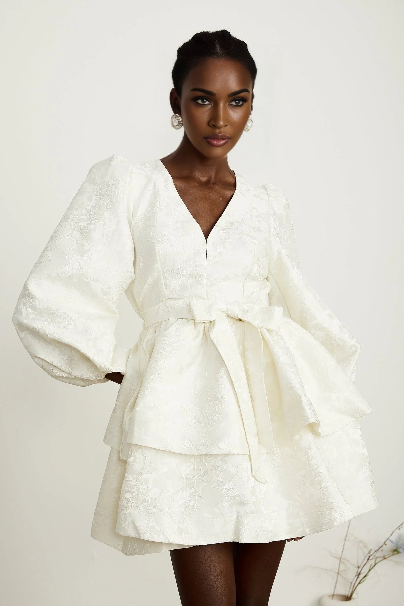 Giada Mini Dress - V Neck - Tiered Design - Elasticated Cuffs - Jacquard Pattern - Flared Skirt