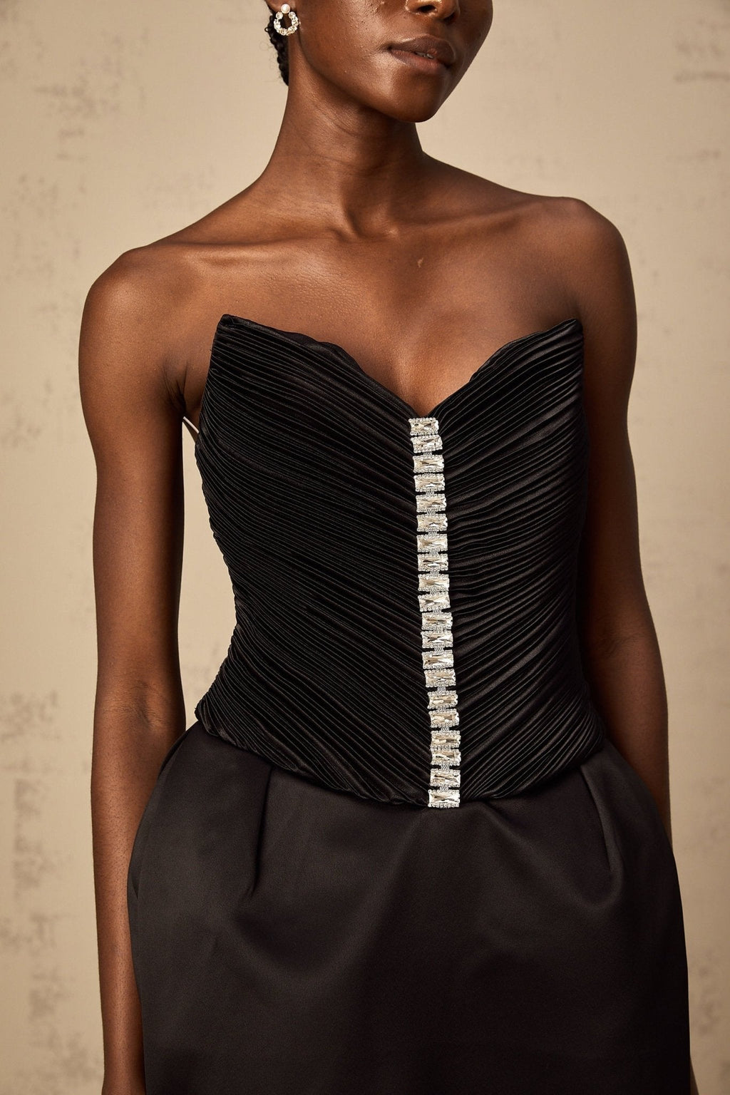 Giana Mini Dress - Off the Shoulder V - Neck Crystal Embellished Ruched Bodycon