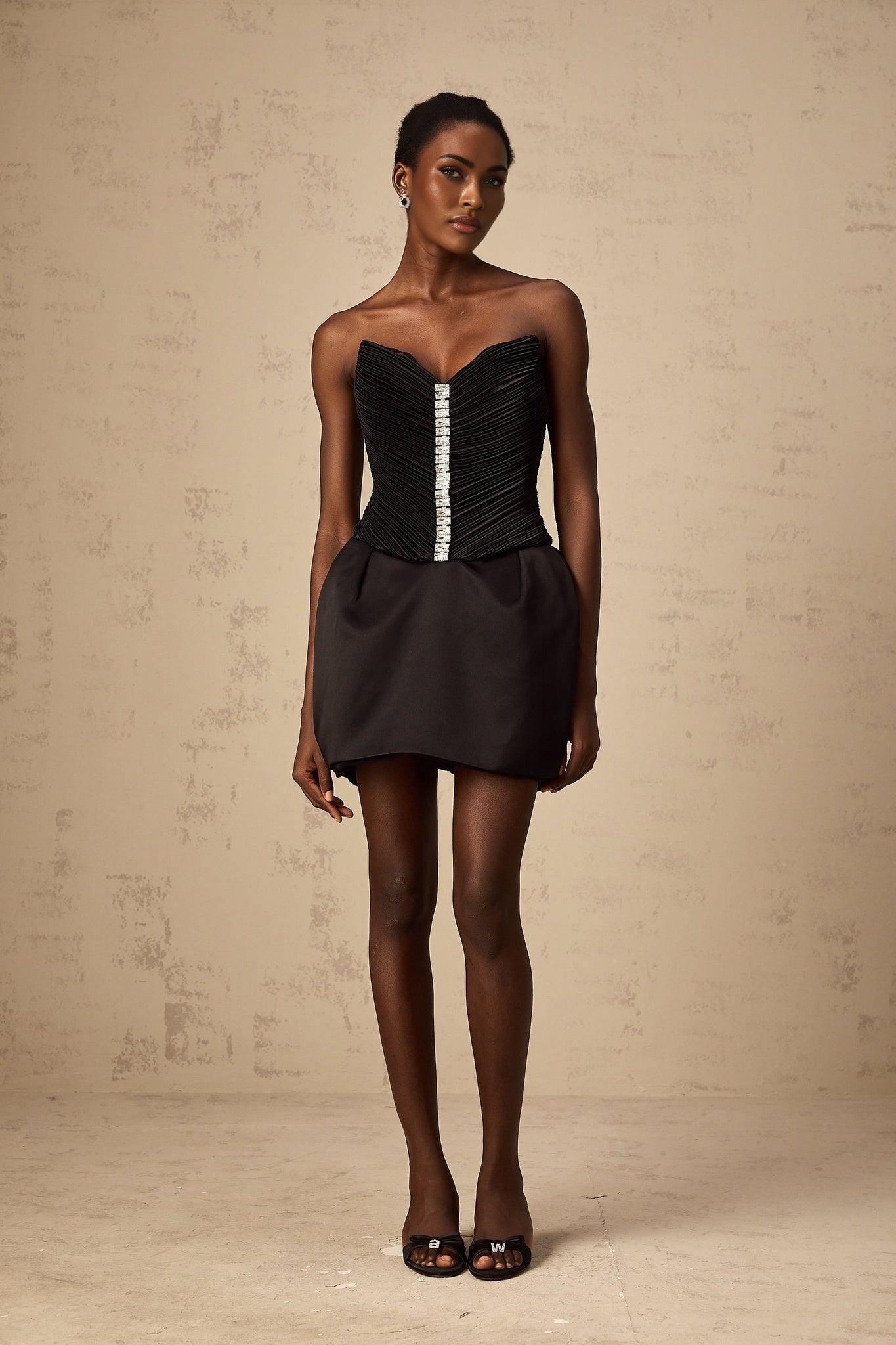 Giana Mini Dress - Off the Shoulder V - Neck Crystal Embellished Ruched Bodycon