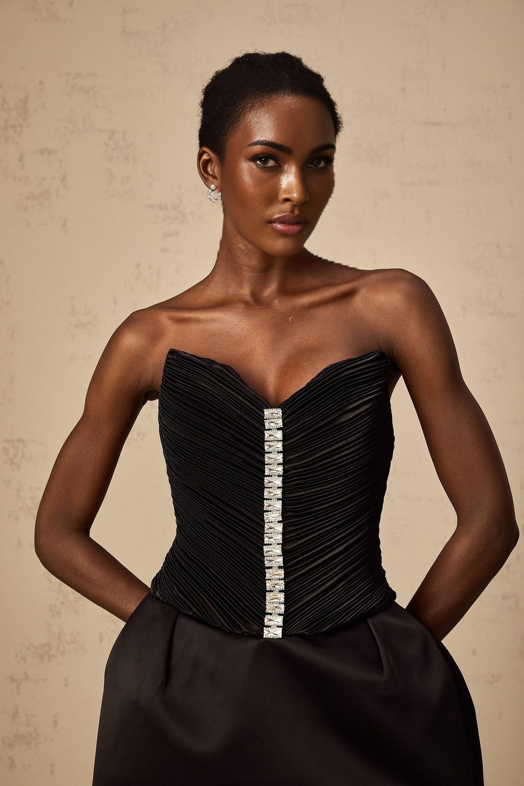 Giana Mini Dress - Off the Shoulder V - Neck Crystal Embellished Ruched Bodycon