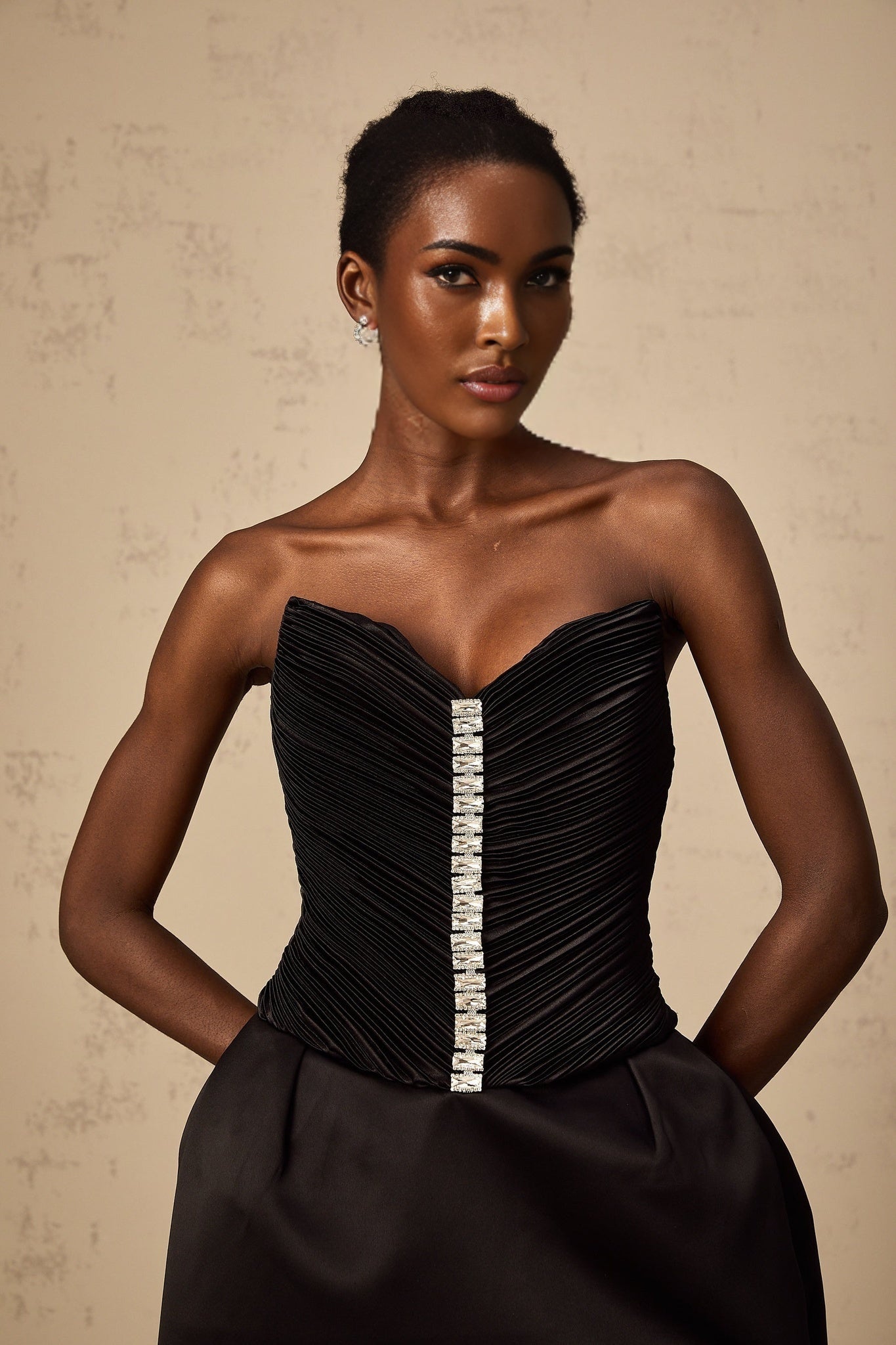 Giana Mini Dress - Off the Shoulder V - Neck Crystal Embellished Ruched Bodycon