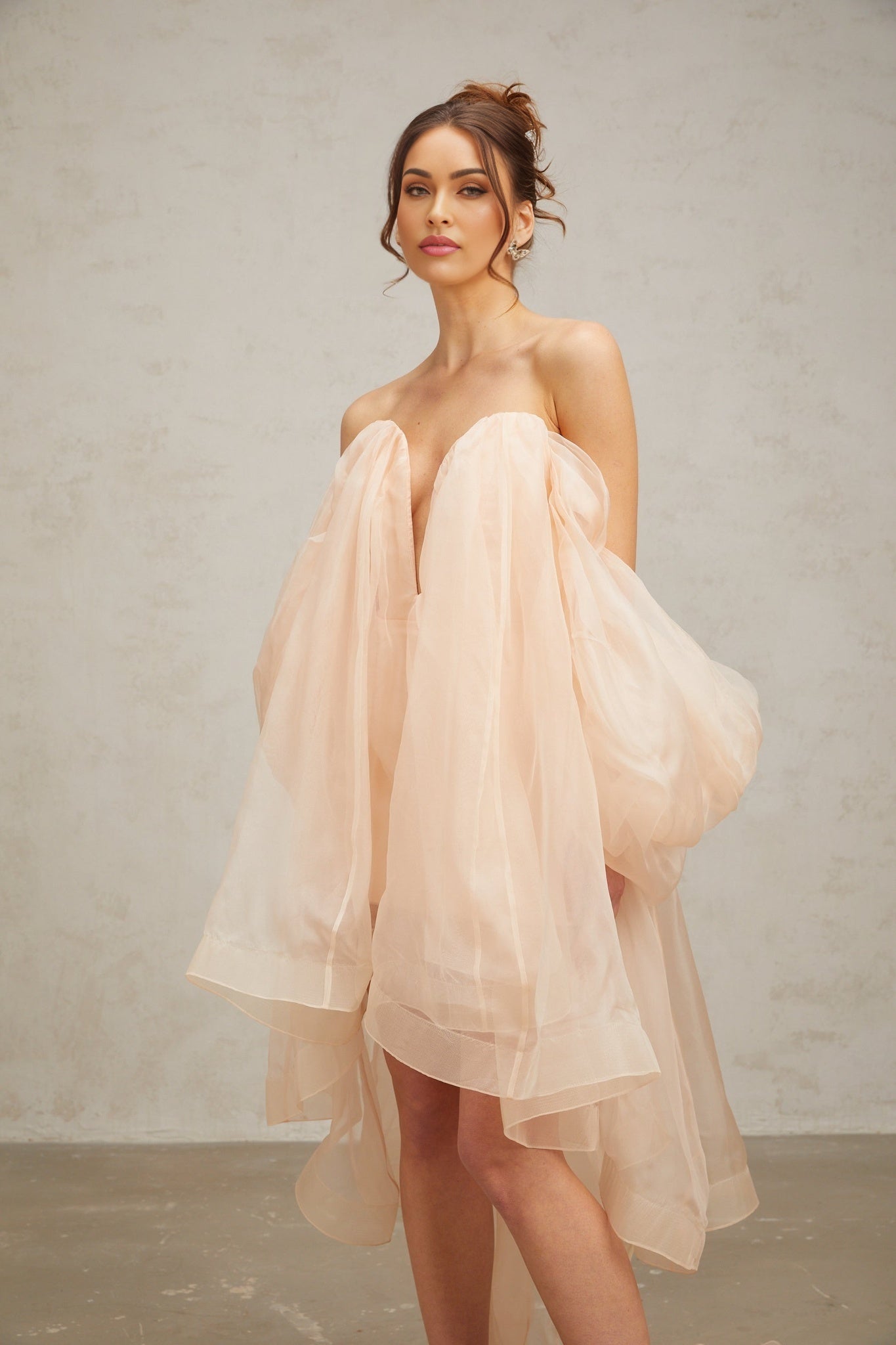 Giana Mini Dress - Strapless Boned Bodice V Neck Ruffled Voluminous Skirt Bow Embellishment