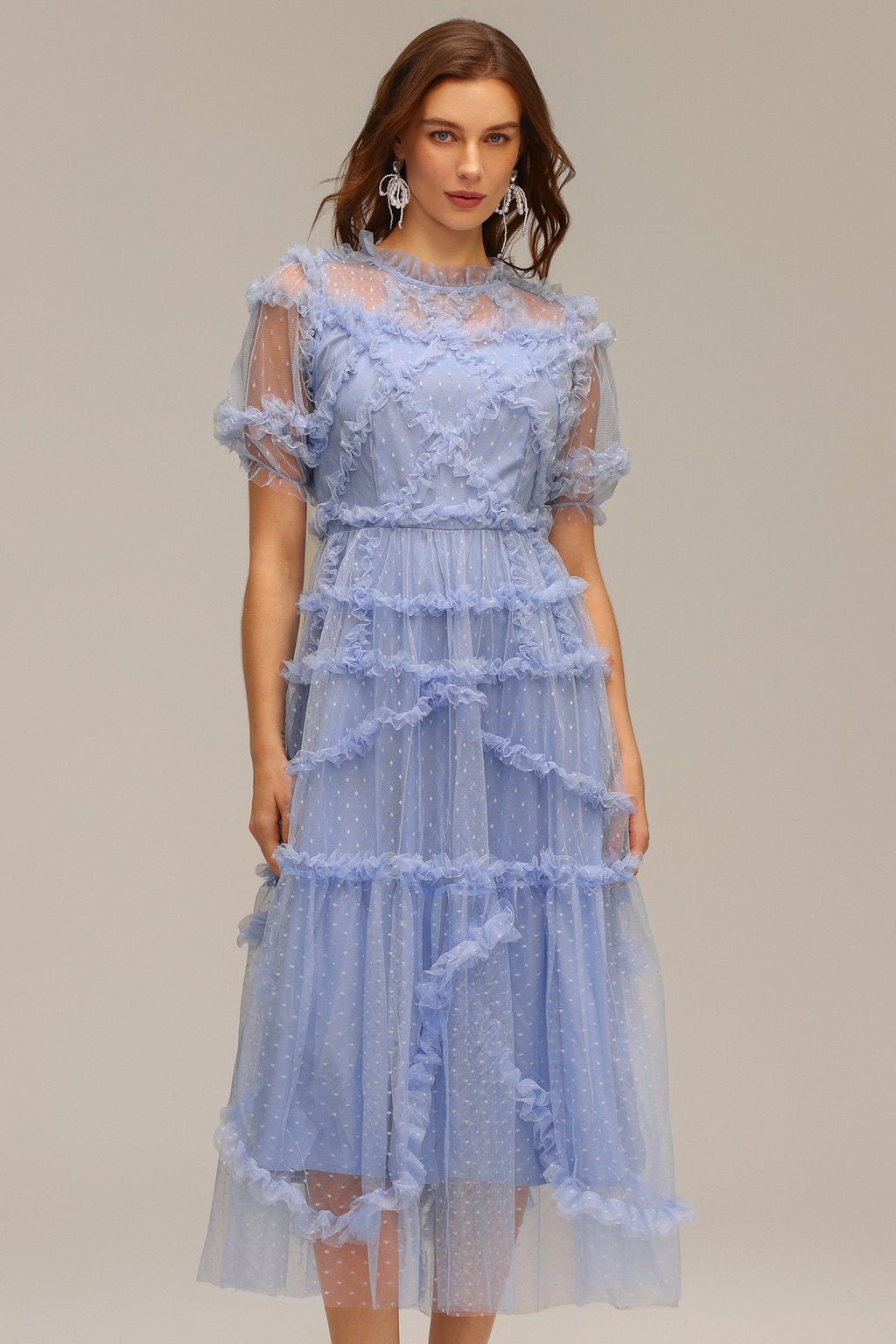 Gianna Blue Polka Dot Maxi Dress with Ruffled Tiers and Short Sleeves