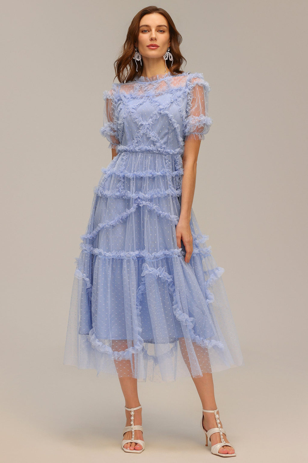 Gianna Blue Polka Dot Maxi Dress with Ruffled Tiers and Short Sleeves for Special Occasions