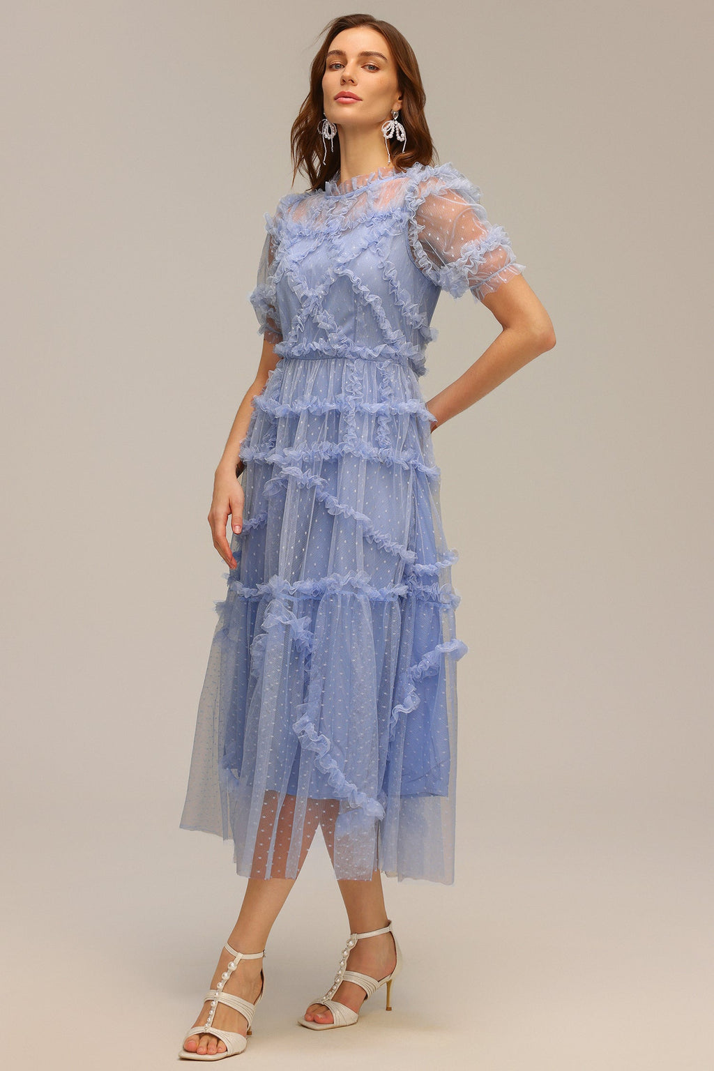 Gianna Blue Polka Dot Ruffled Maxi Dress Short Sleeve Wedding Garden Party