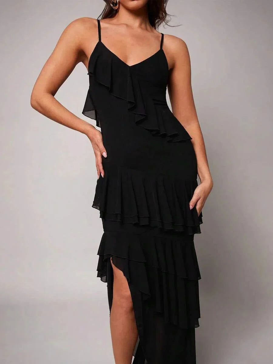 Gianna Maxi Dress - Refined Style - Slim Fit - Sleeveless Design - High Waist - Asymmetrical, Backless, Ruffle - Knitted Fabric - Modern Look