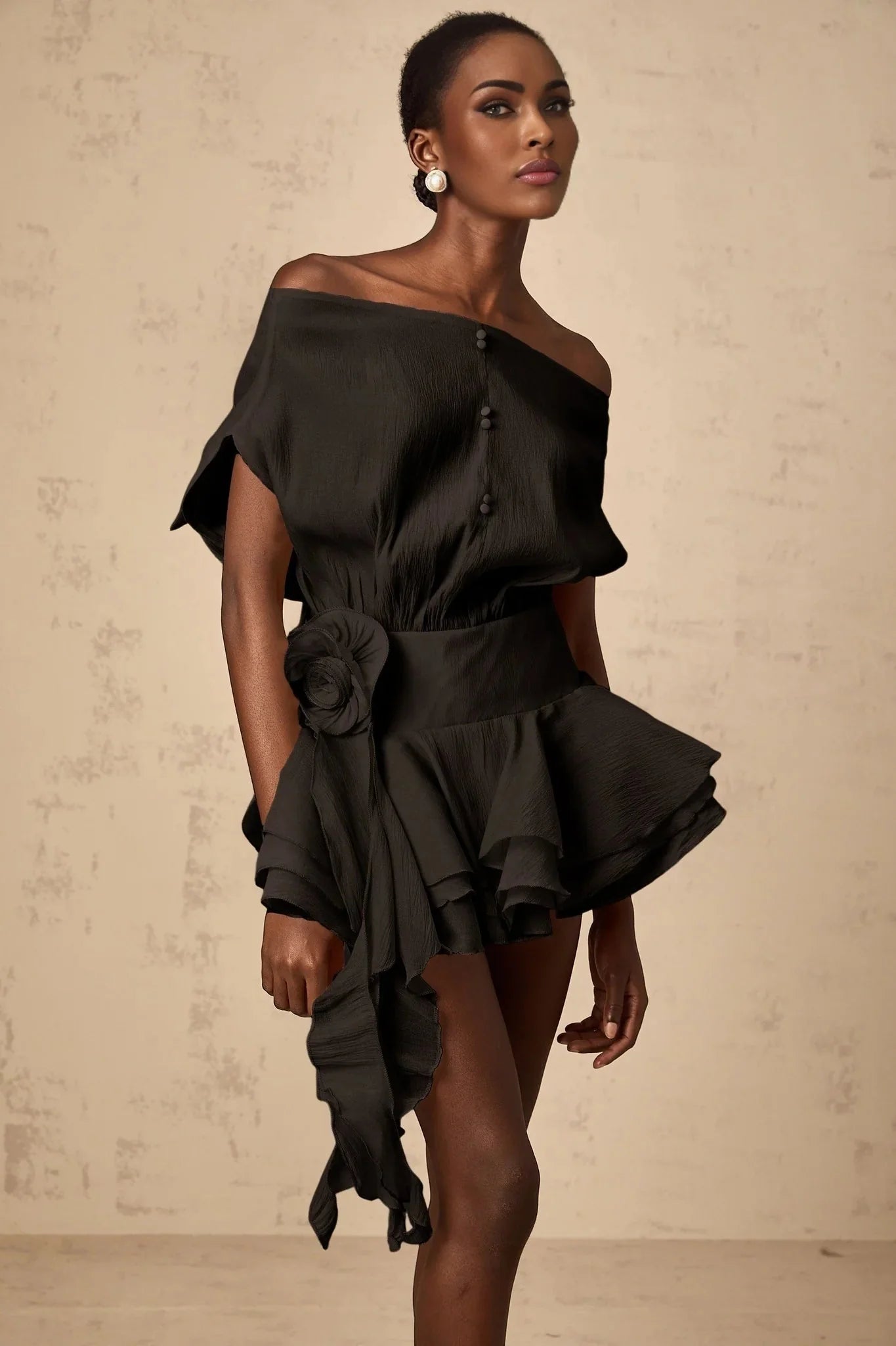 Gianna Mini Dress Black Floral Appliqu Flounce Hem & Cinched Waist