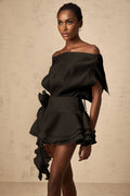 Gianna Mini Dress Black Floral Appliqu Flounce Hem & Cinched Waist