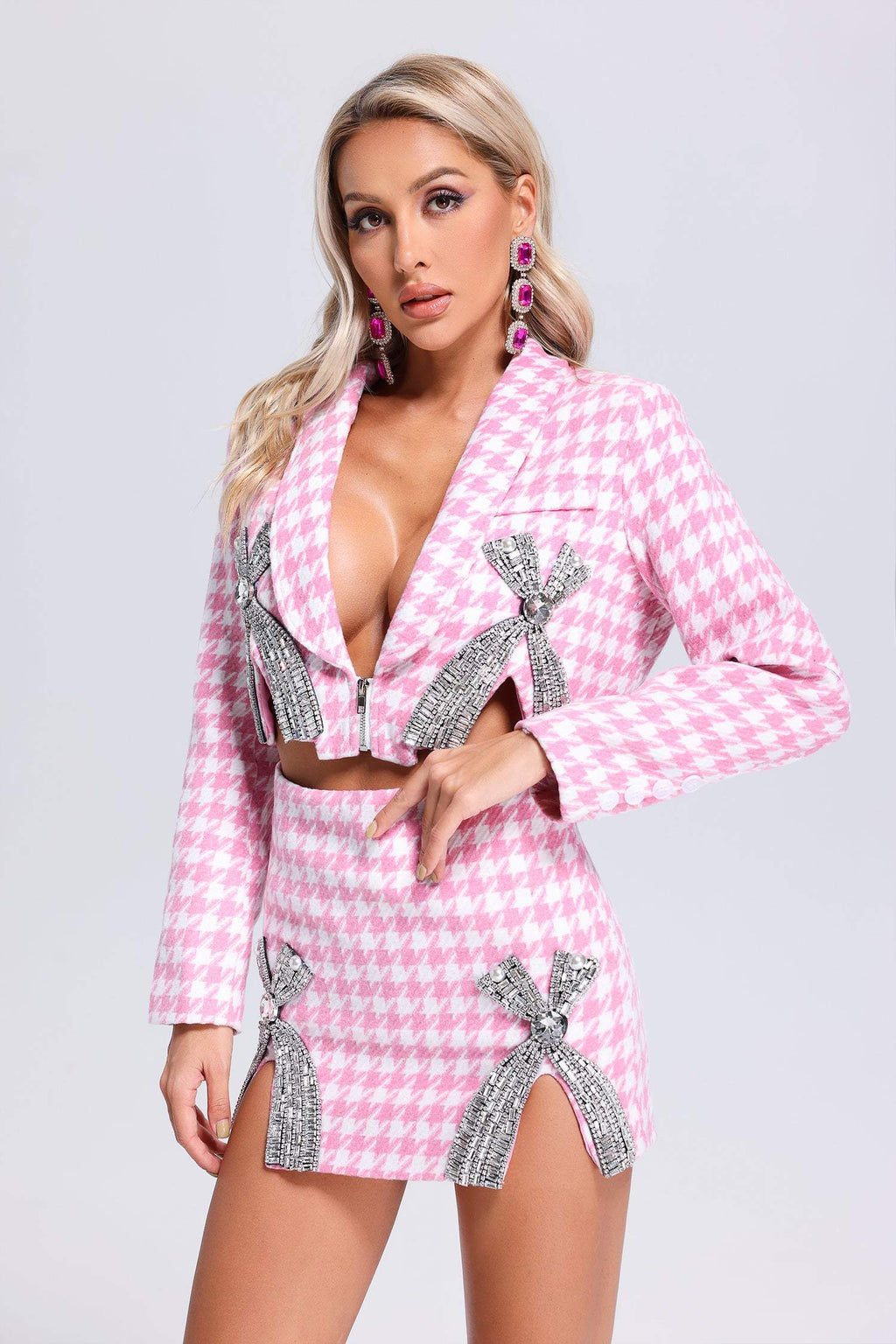 Gianna Pink Houndstooth Diamond Detail Cropped Dress