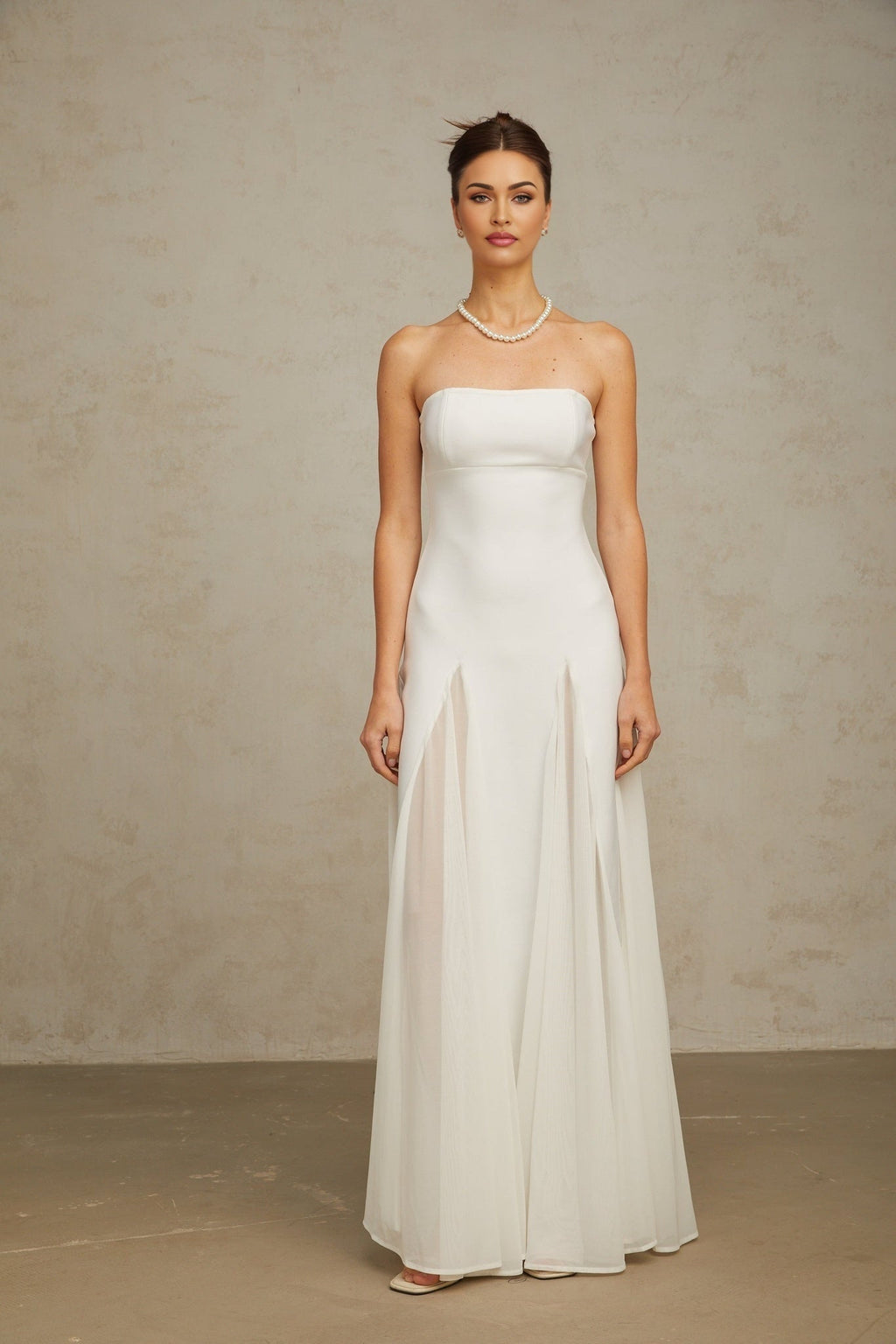 Giannina Maxi Dress - Off - The - Shoulder Design - Cinched Waist - Pleated Detailing - Tulle Panel Feature