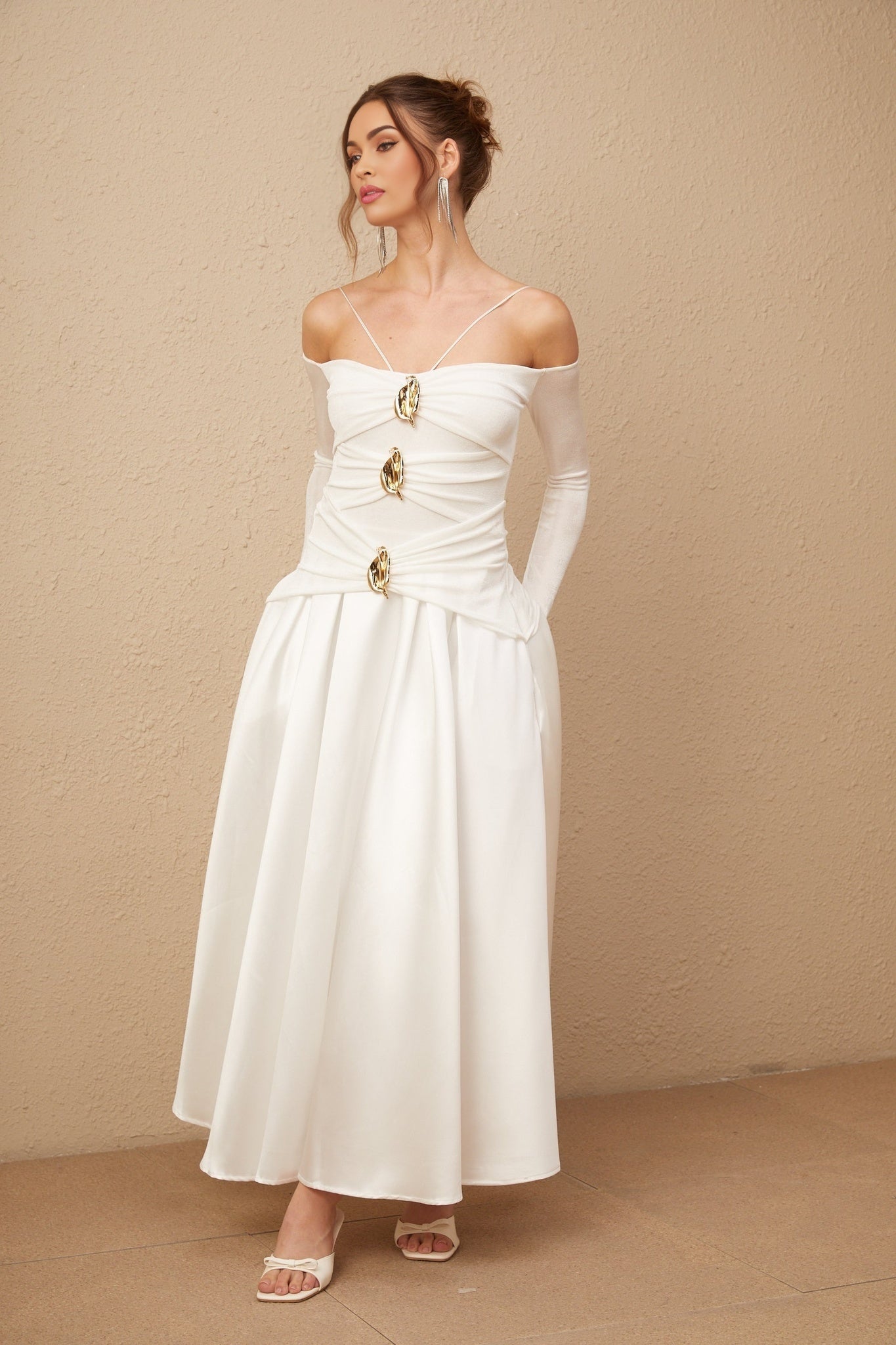 Giannina Maxi Dress - Off the Shoulder - Long Sleeves - Spaghetti Straps - Pleated Detailing - Flared Skirt