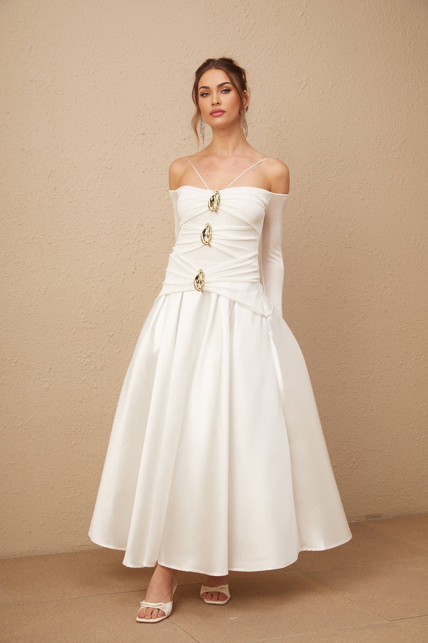 Giannina Maxi Dress - Off the Shoulder - Long Sleeves - Spaghetti Straps - Pleated Detailing - Flared Skirt