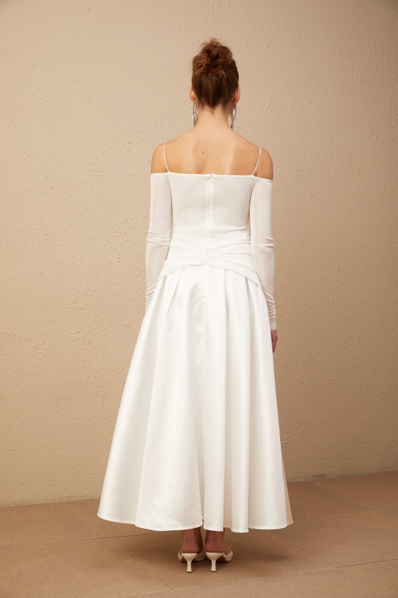 Giannina Maxi Dress - Off the Shoulder - Long Sleeves - Spaghetti Straps - Pleated Detailing - Flared Skirt