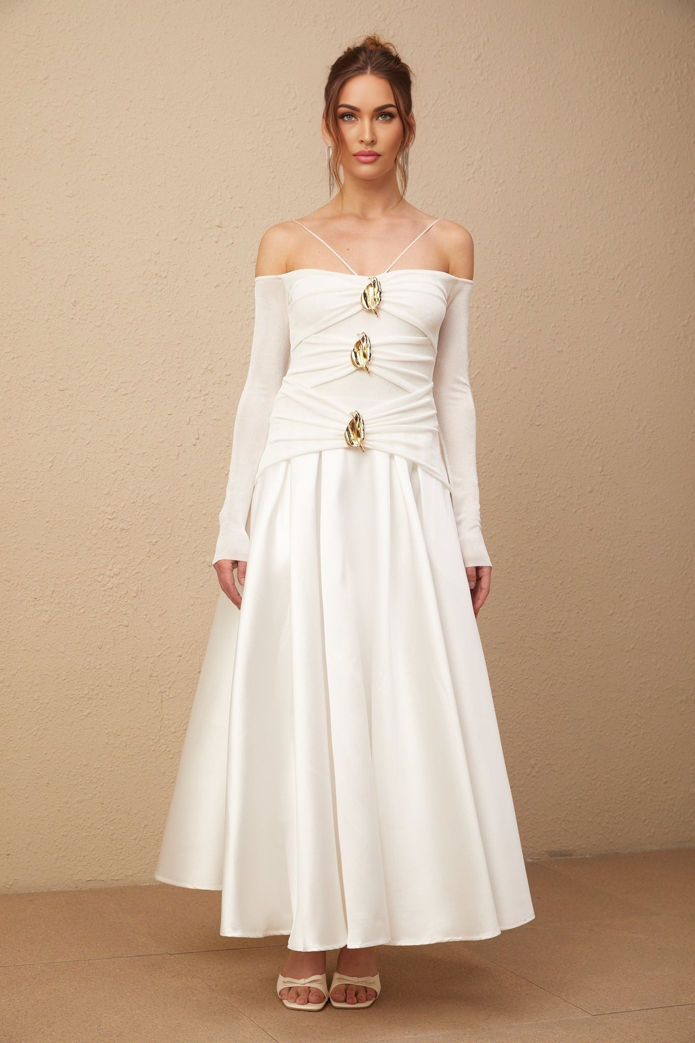 Giannina Maxi Dress - Off the Shoulder - Long Sleeves - Spaghetti Straps - Pleated Detailing - Flared Skirt