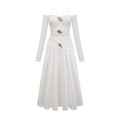 Giannina Maxi Dress - Off the Shoulder - Long Sleeves - Spaghetti Straps - Pleated Detailing - Flared Skirt
