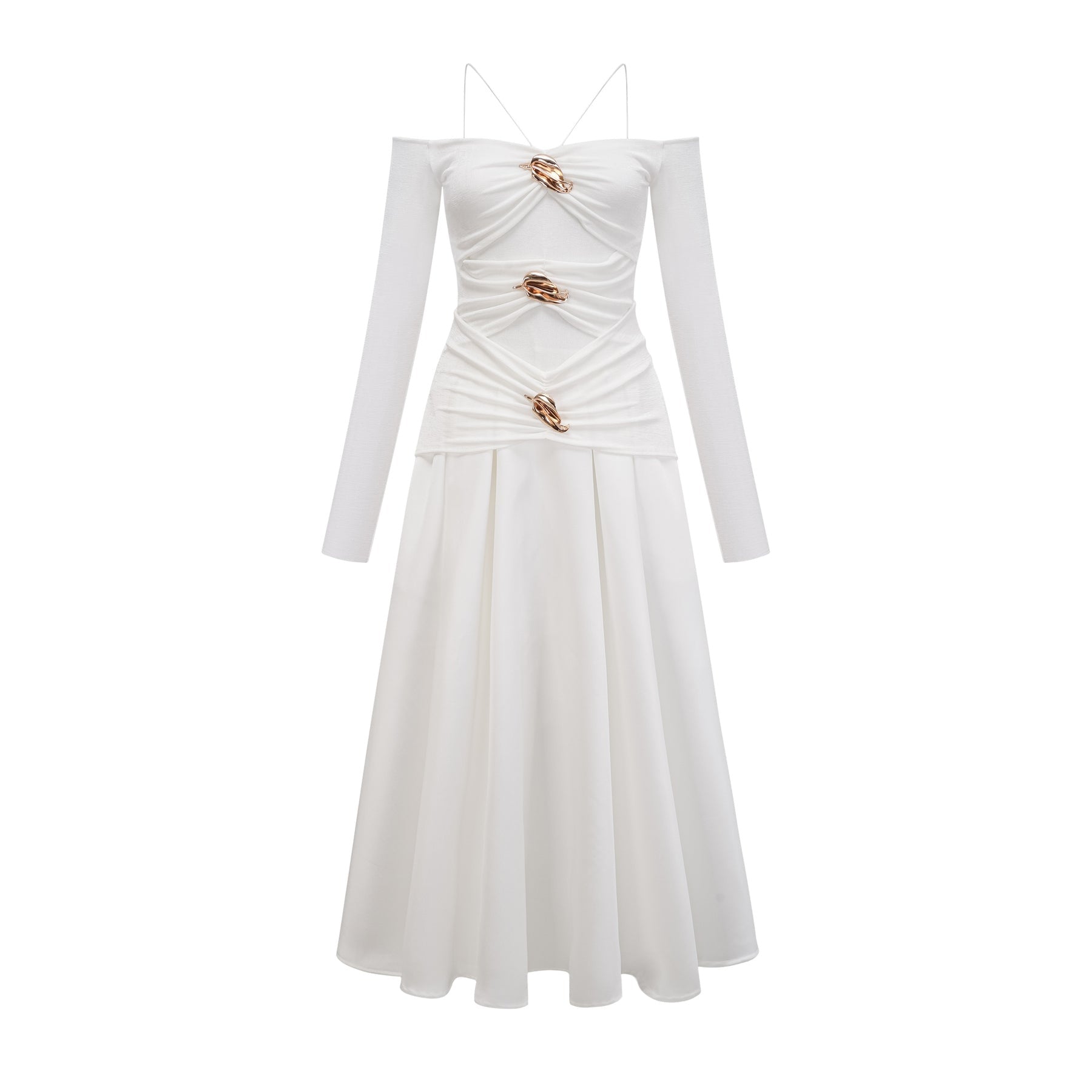 Giannina Maxi Dress - Off the Shoulder - Long Sleeves - Spaghetti Straps - Pleated Detailing - Flared Skirt