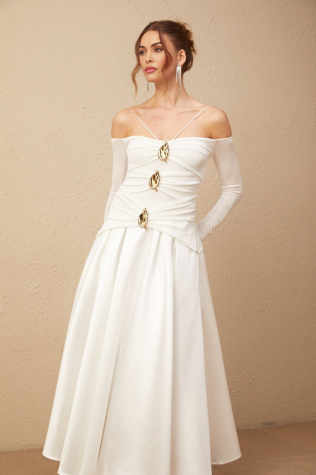 Giannina Maxi Dress - Off the Shoulder - Long Sleeves - Spaghetti Straps - Pleated Detailing - Flared Skirt