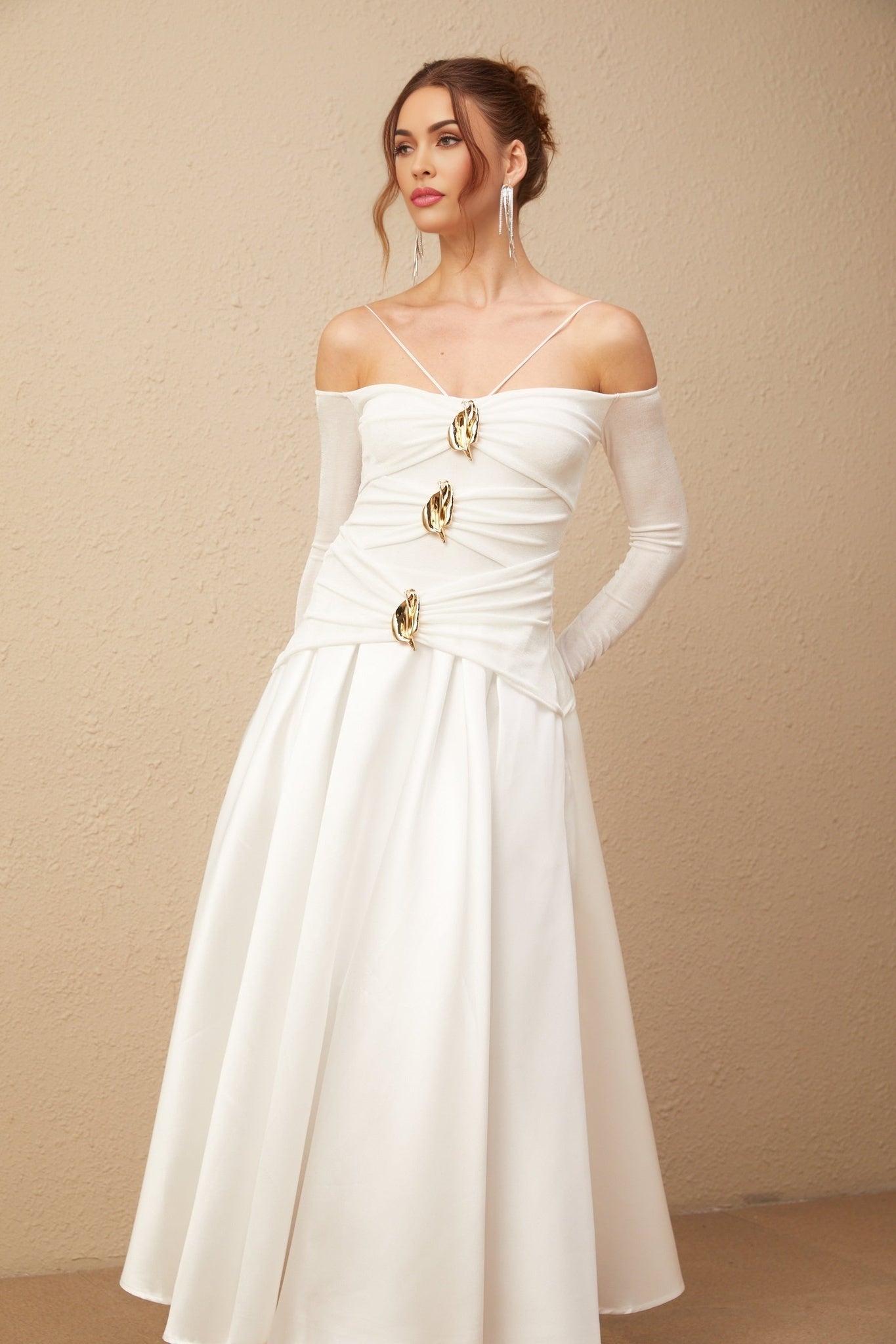 Giannina Maxi Dress - Off the Shoulder - Long Sleeves - Spaghetti Straps - Pleated Detailing - Flared Skirt