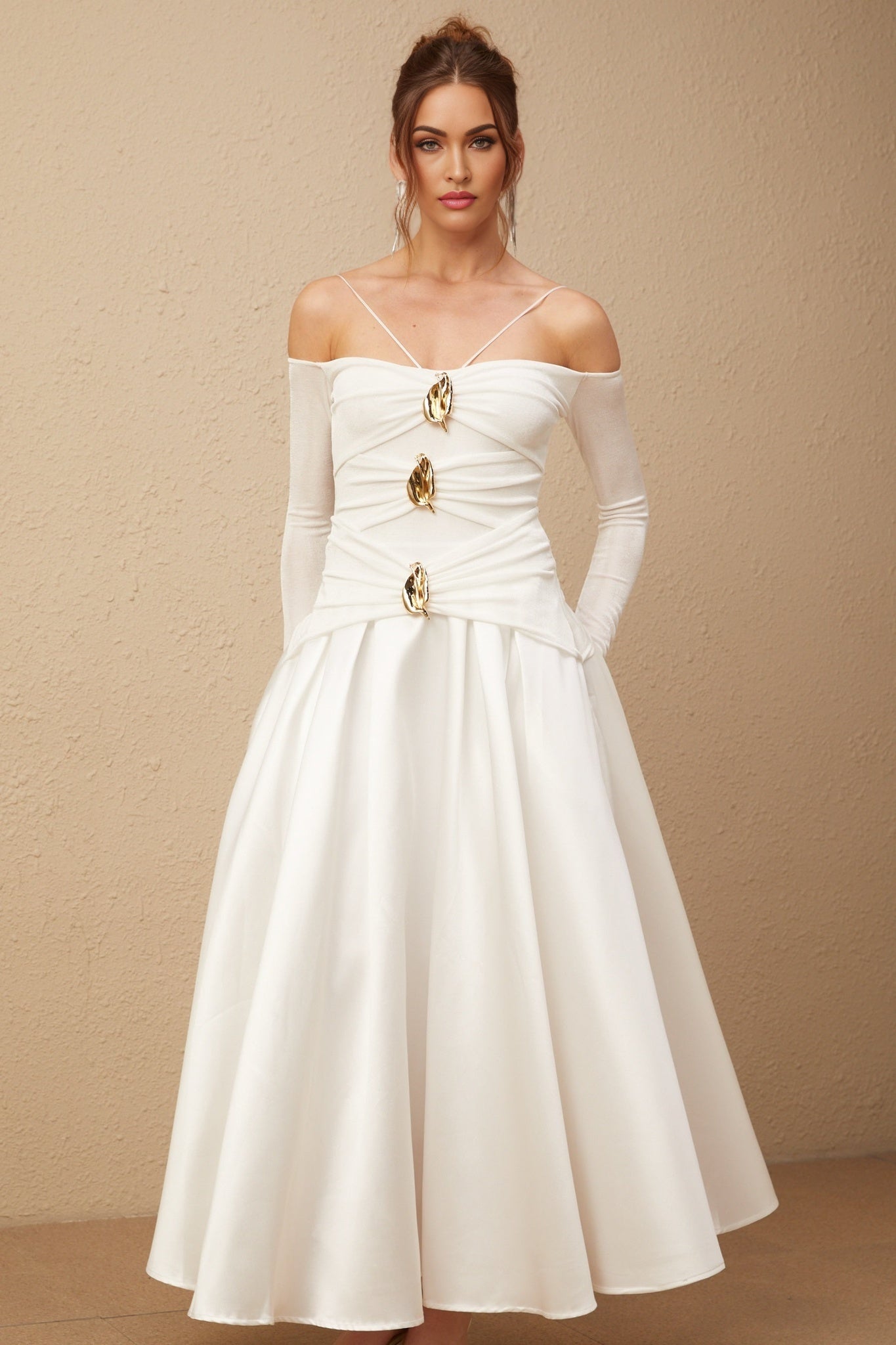 Giannina Maxi Dress - Off the Shoulder - Long Sleeves - Spaghetti Straps - Pleated Detailing - Flared Skirt