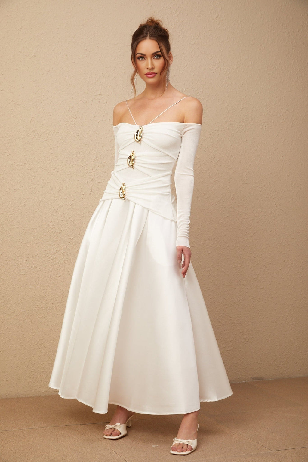 Giannina Maxi Dress - Off the Shoulder - Long Sleeves - Spaghetti Straps - Pleated Detailing - Flared Skirt